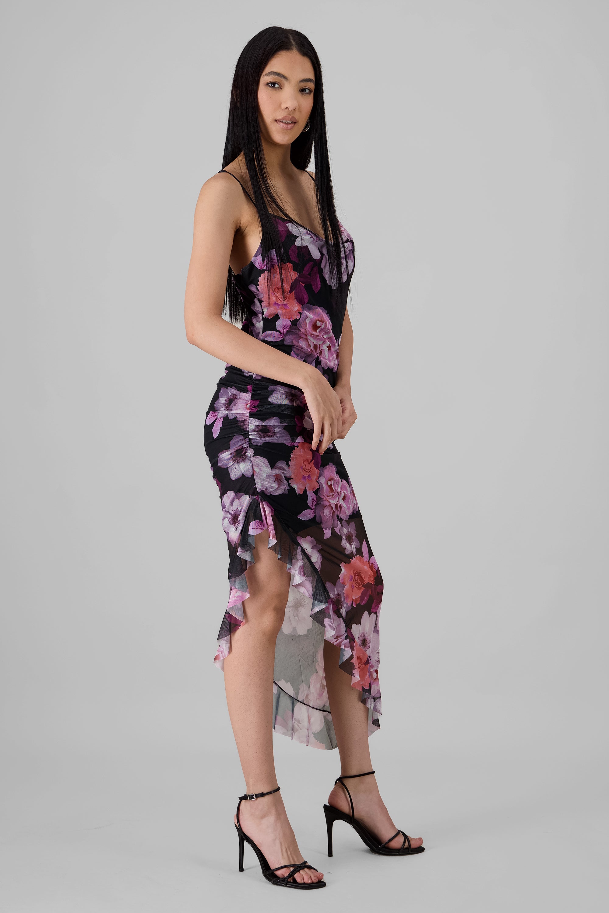 Ruched Mesh Floral Dress PURPLE COMBO