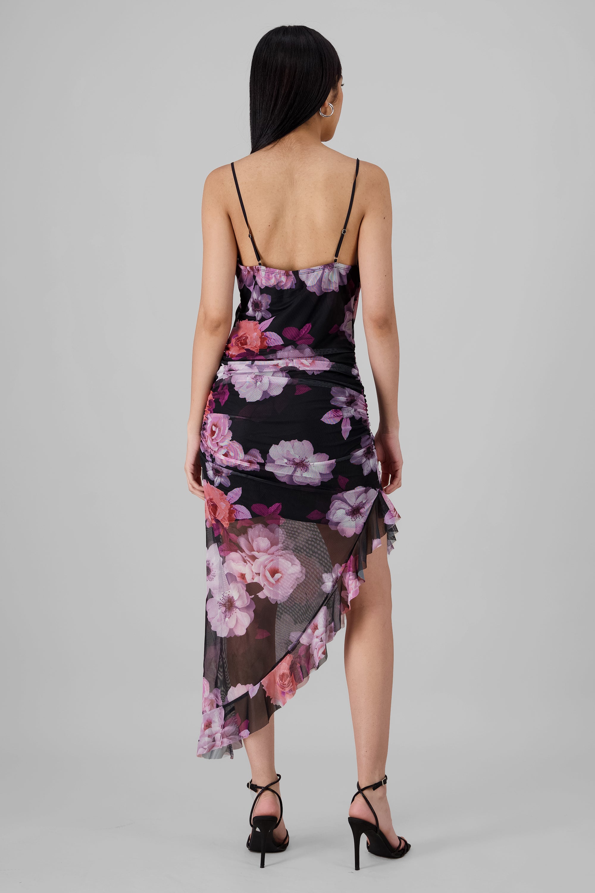 Ruched Mesh Floral Dress PURPLE COMBO