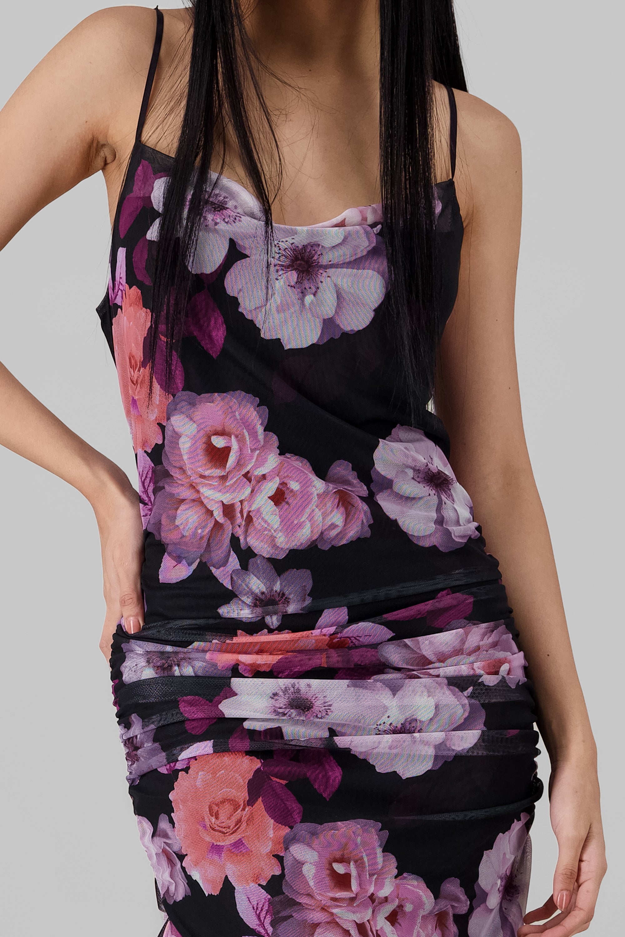 Ruched Mesh Floral Dress PURPLE COMBO