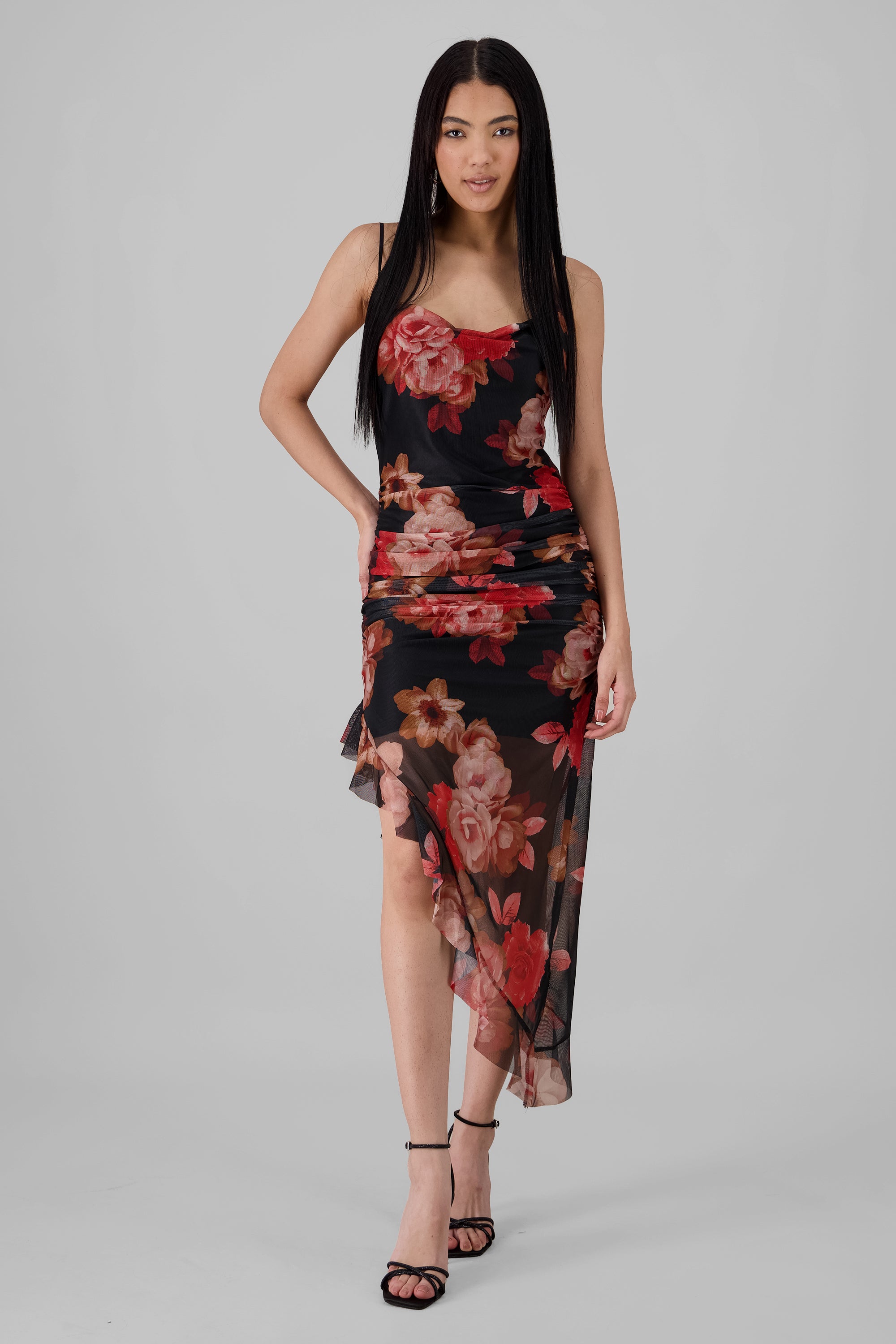 Ruched Mesh Floral Dress RED COMBO