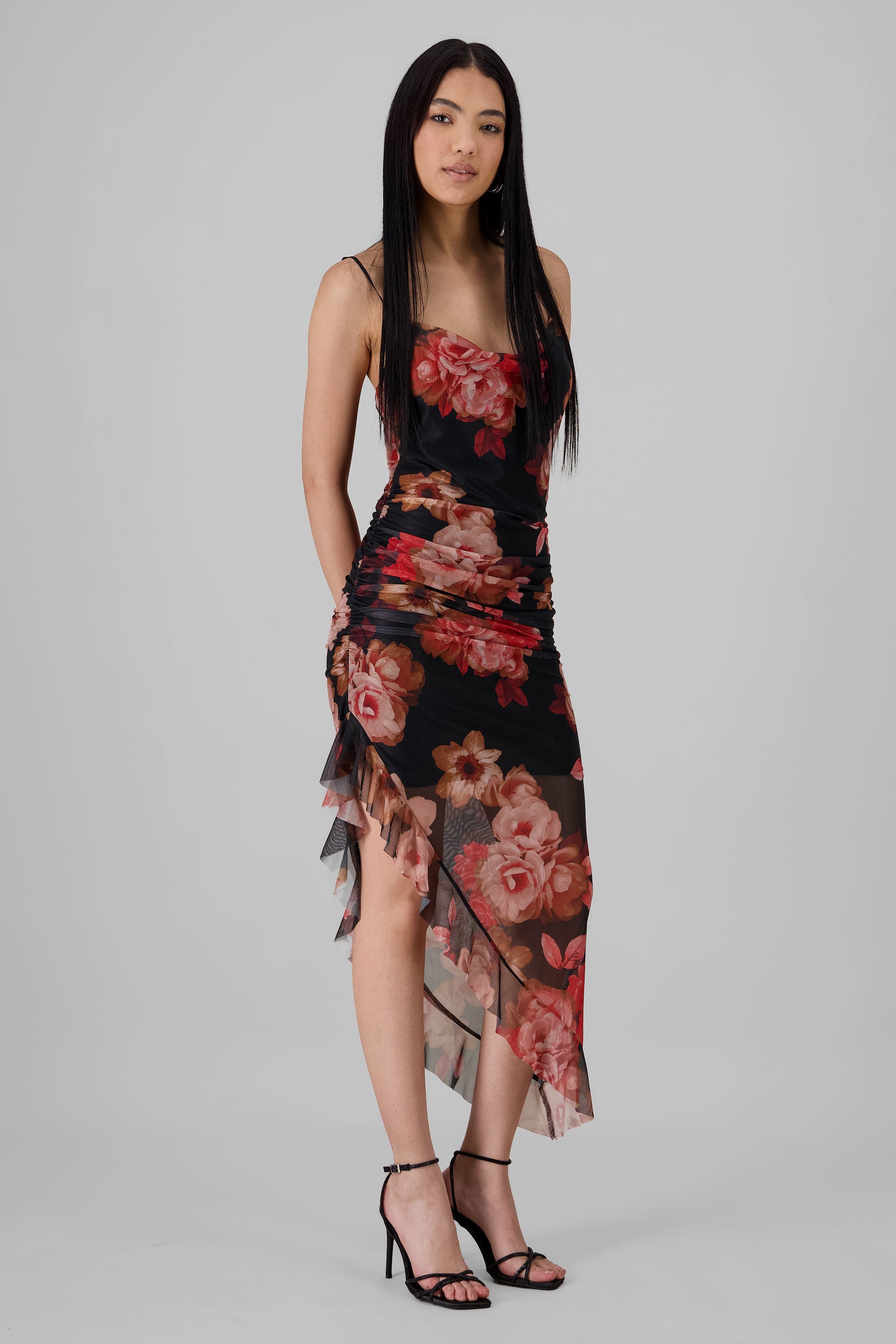 Ruched Mesh Floral Dress RED COMBO