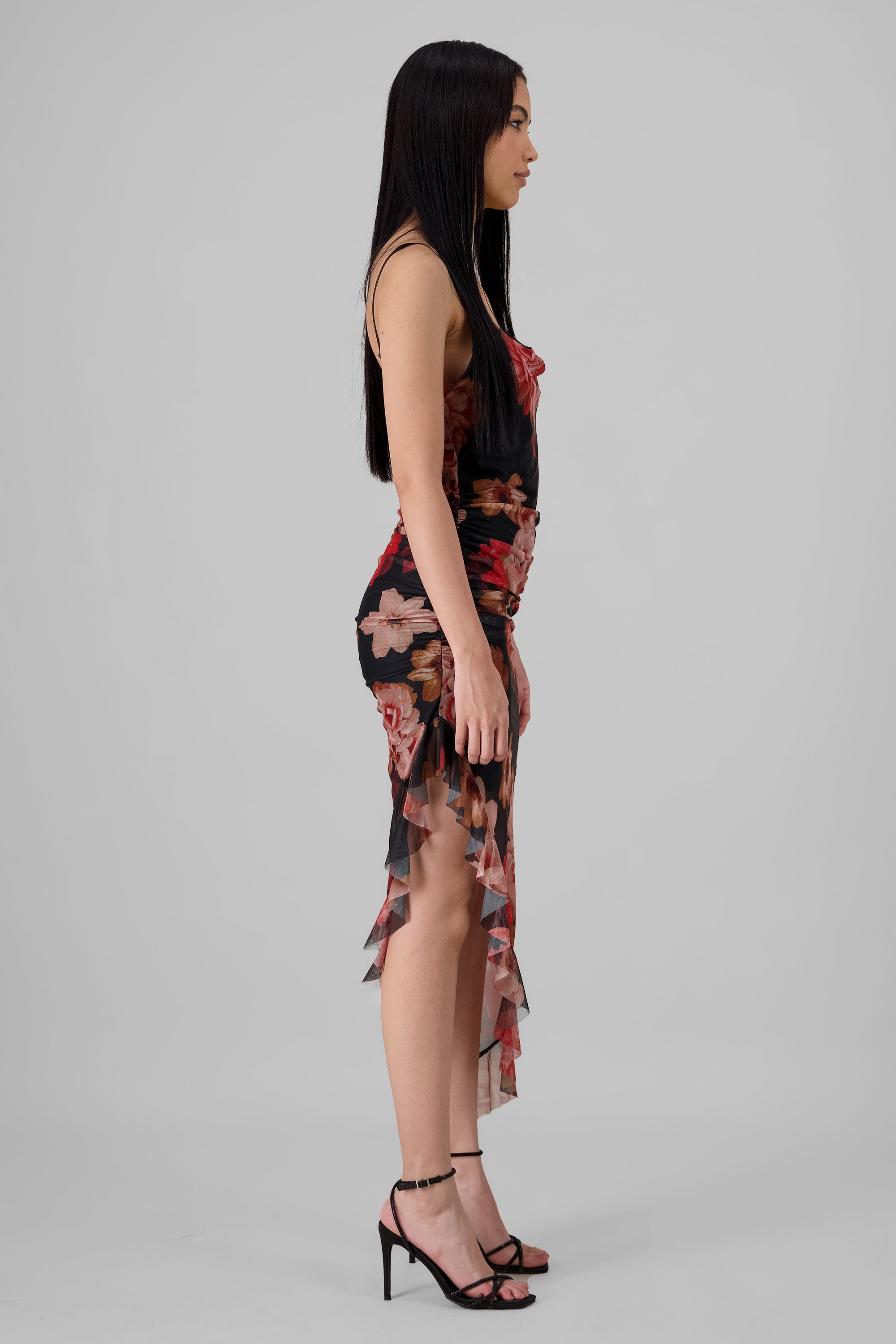 Ruched Mesh Floral Dress RED COMBO