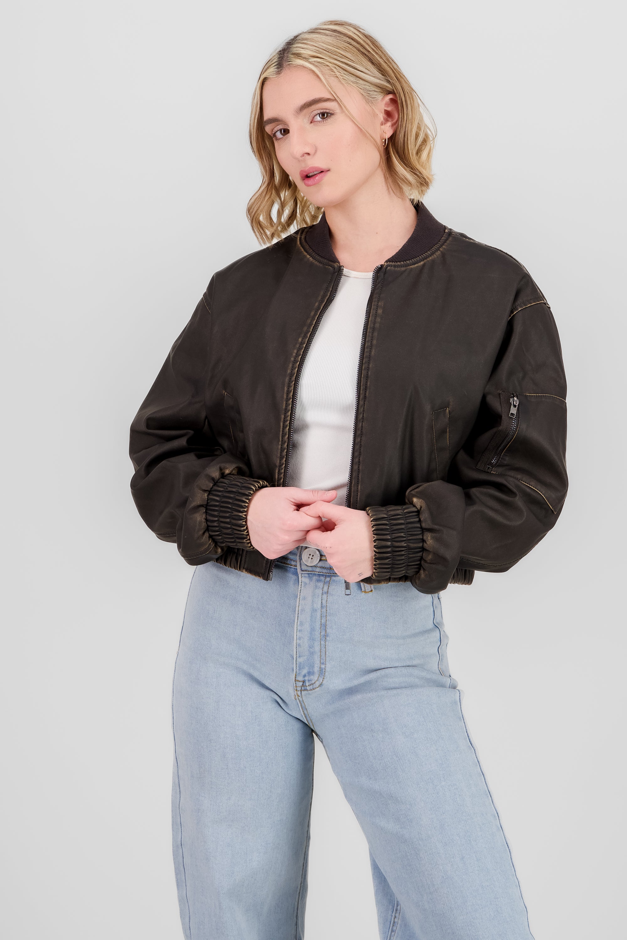 Distressed Faux Leather Bomber Jacket BLACK