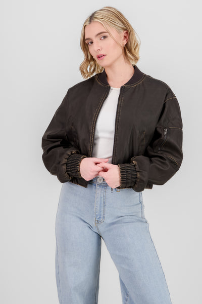 Distressed Faux Leather Bomber Jacket BLACK