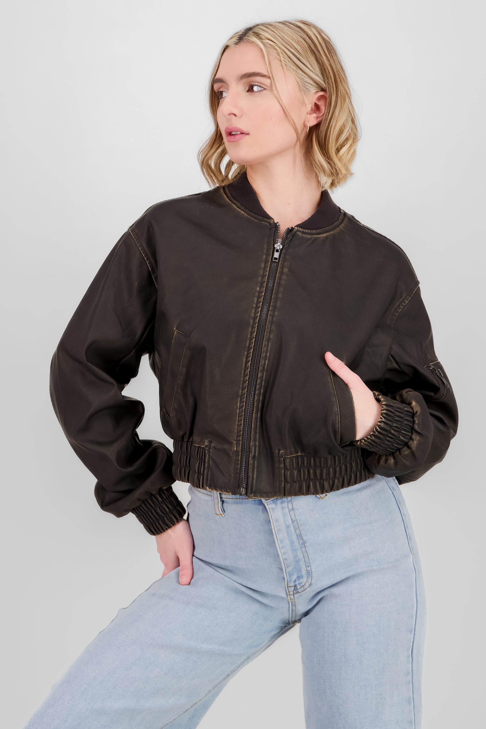 Distressed Faux Leather Bomber Jacket BLACK