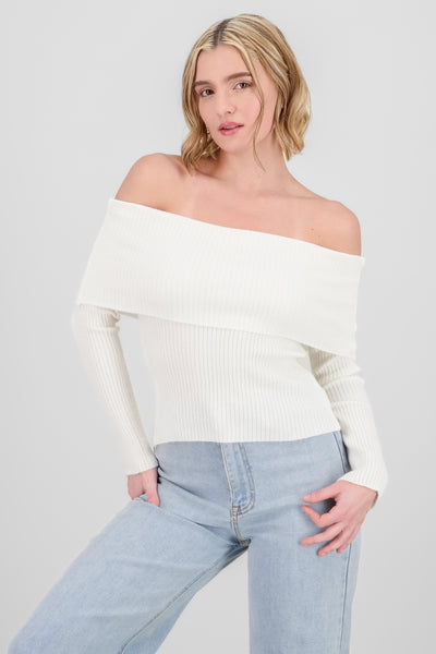 Off Shoulder Knit Sweater WHITE