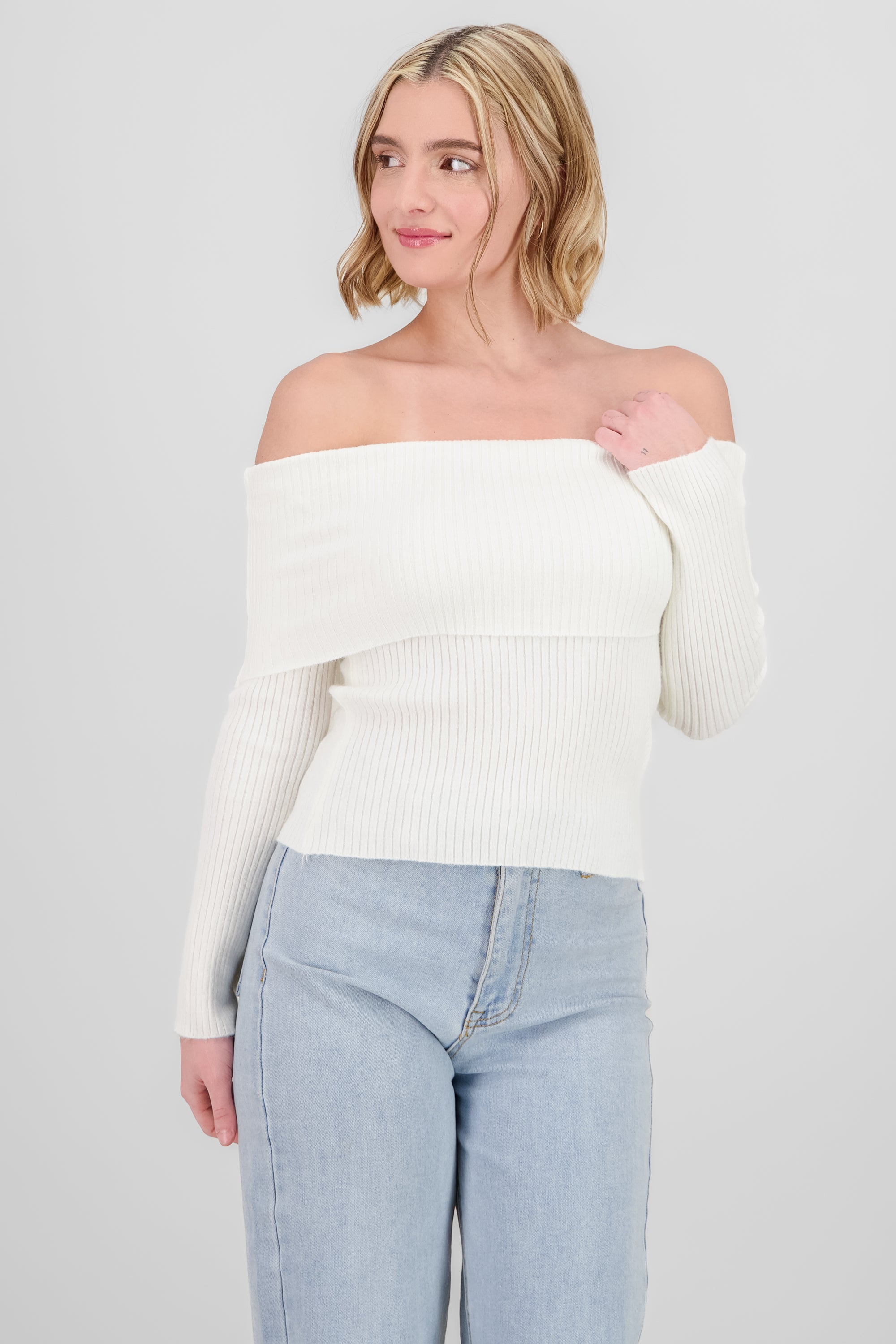 Off Shoulder Knit Sweater WHITE