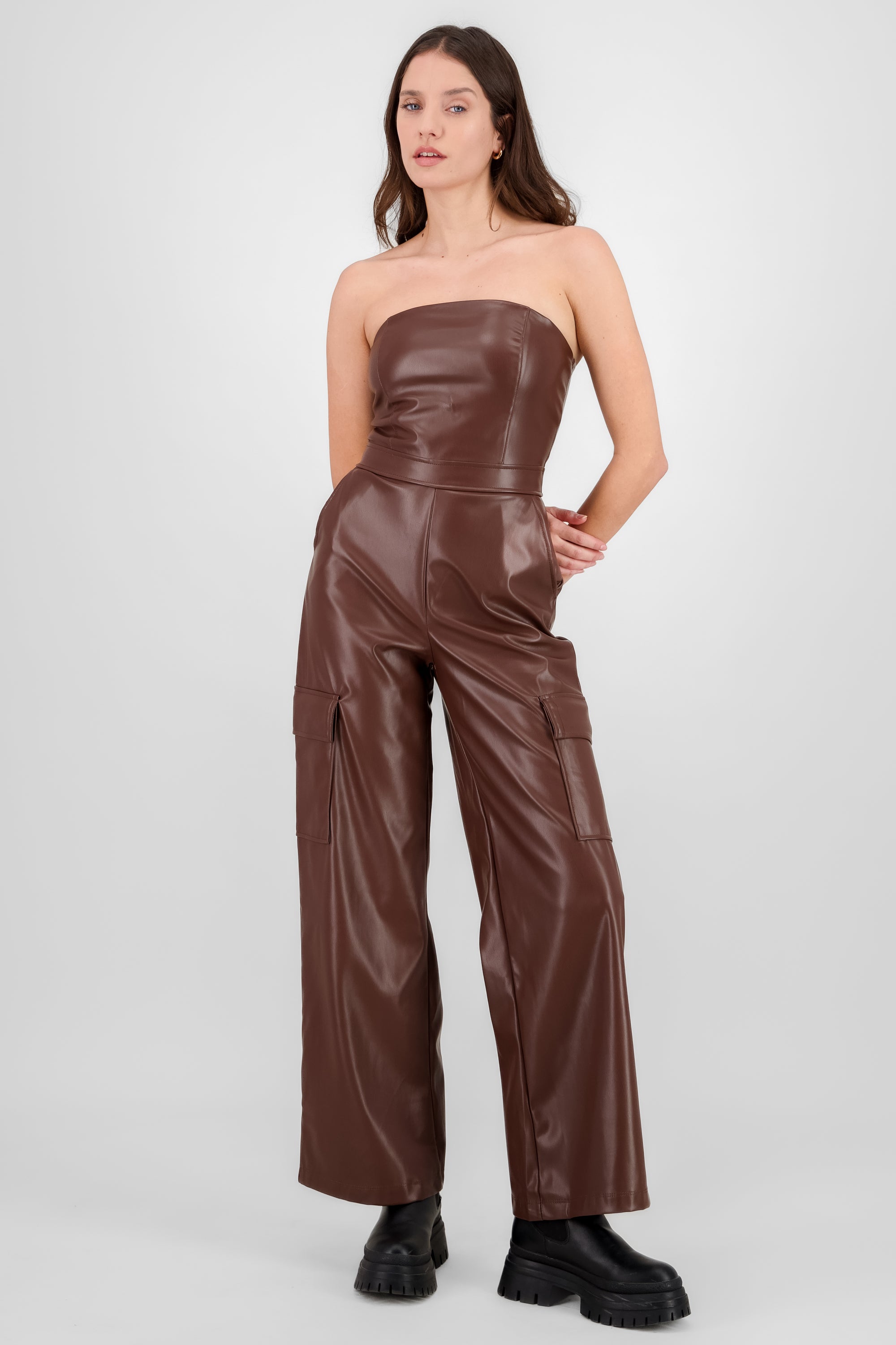 Solid Cargo Jumpsuit BROWN