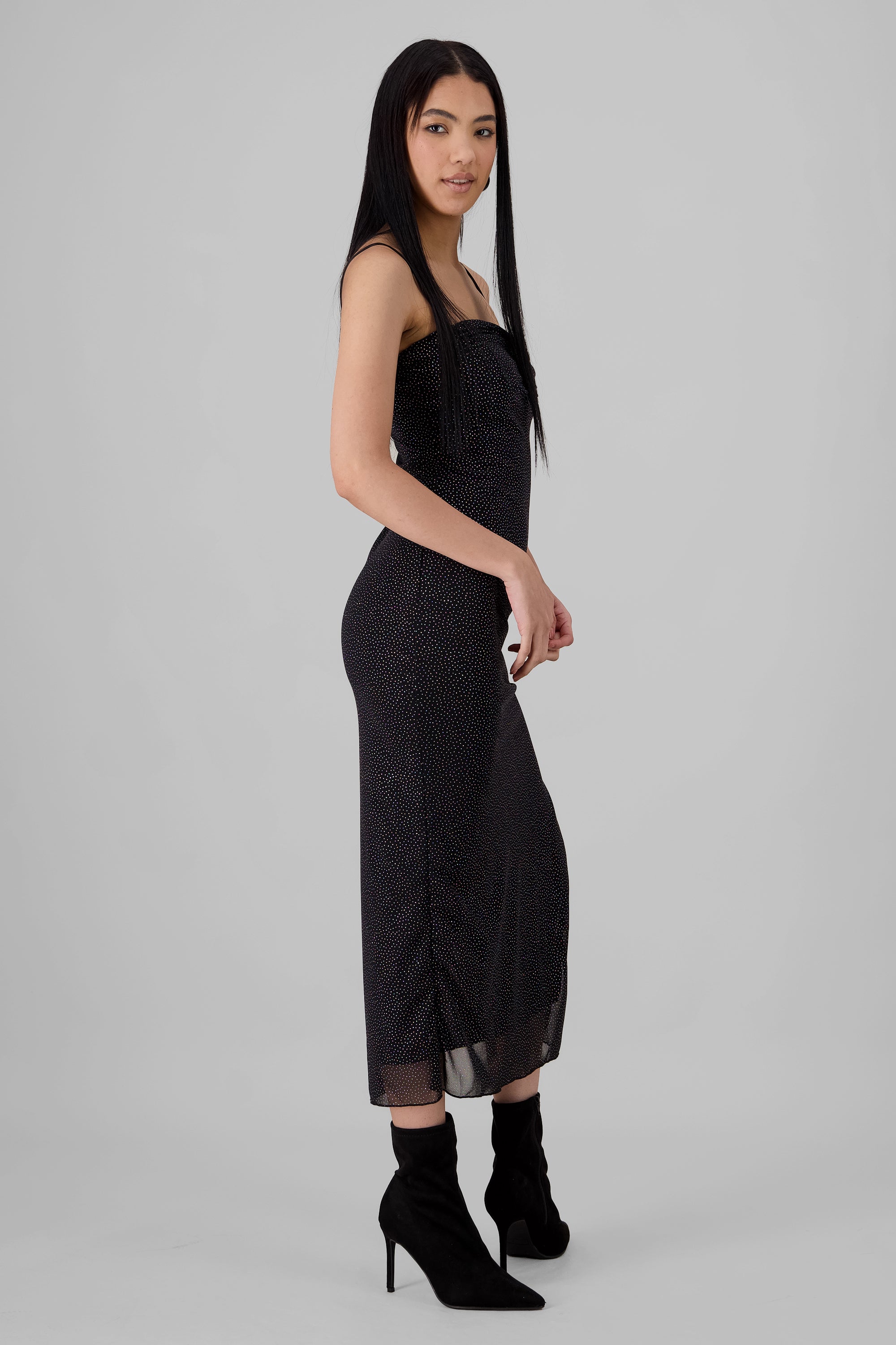 Pleated Neckline Glitter Maxi Dress BLACK