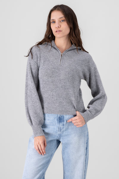 Collar Ribbed Half Zip Sweater GRAY