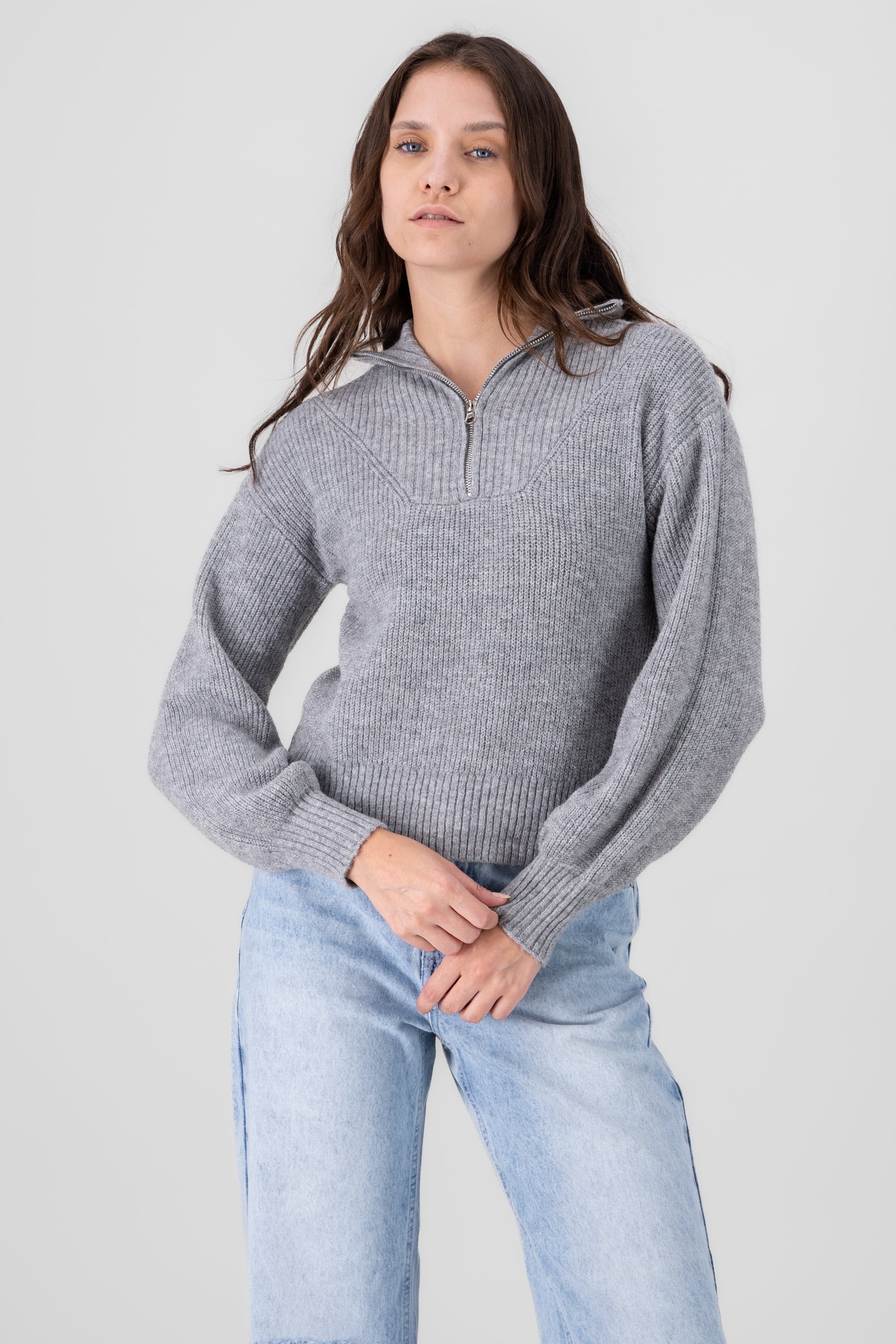 Collar Ribbed Half Zip Sweater GRAY