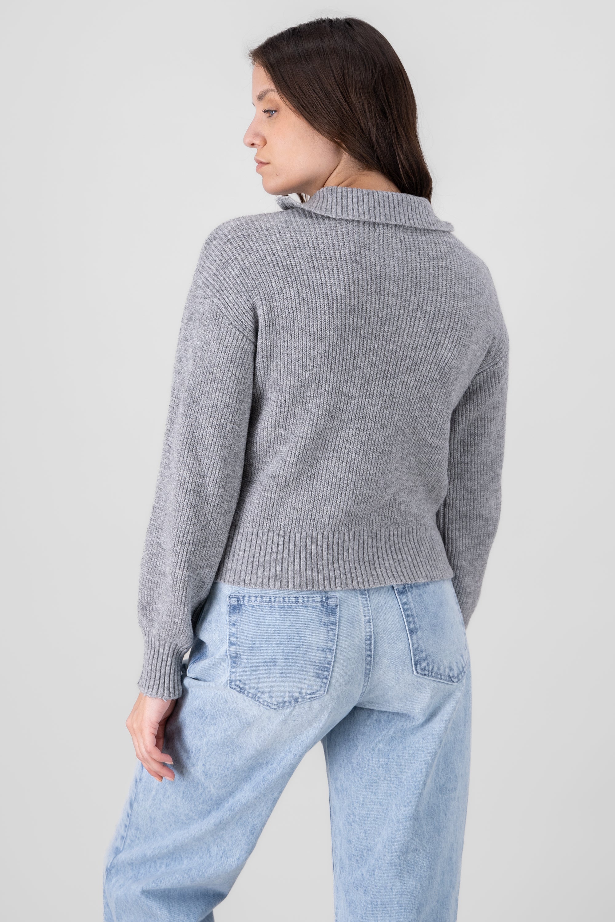 Collar Ribbed Half Zip Sweater GRAY