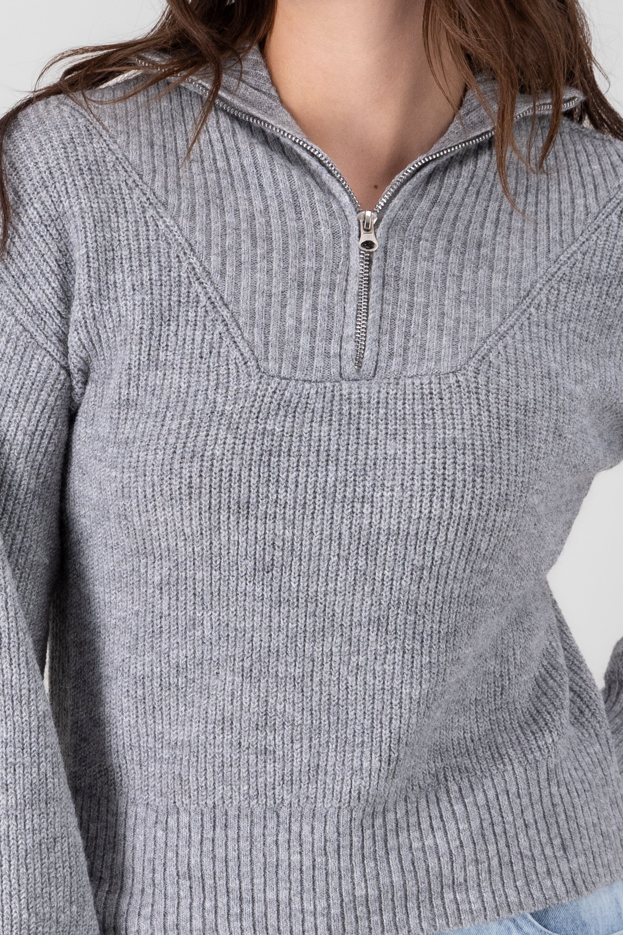 Collar Ribbed Half Zip Sweater GRAY