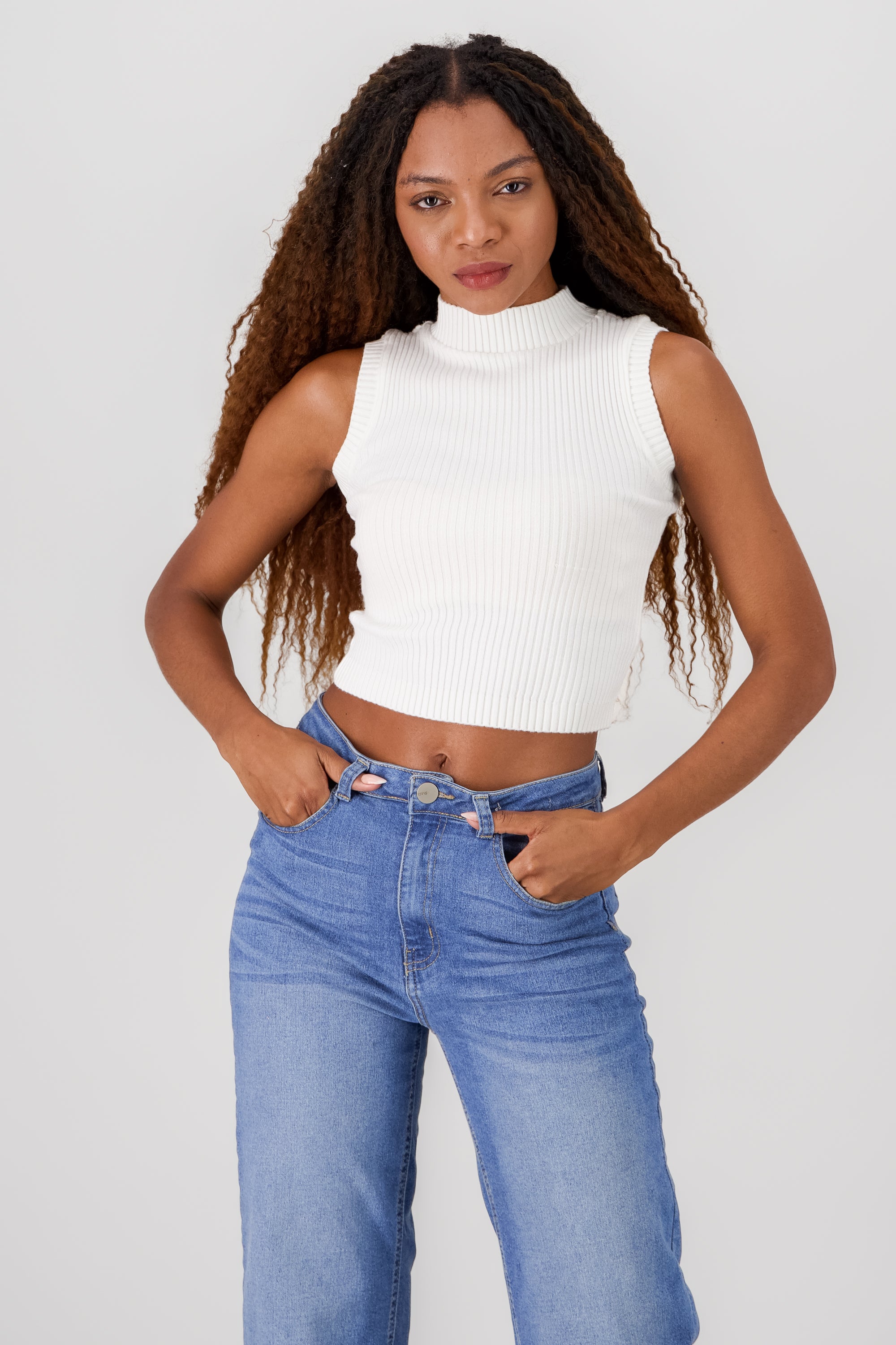 High Neck Knit Top WHITE