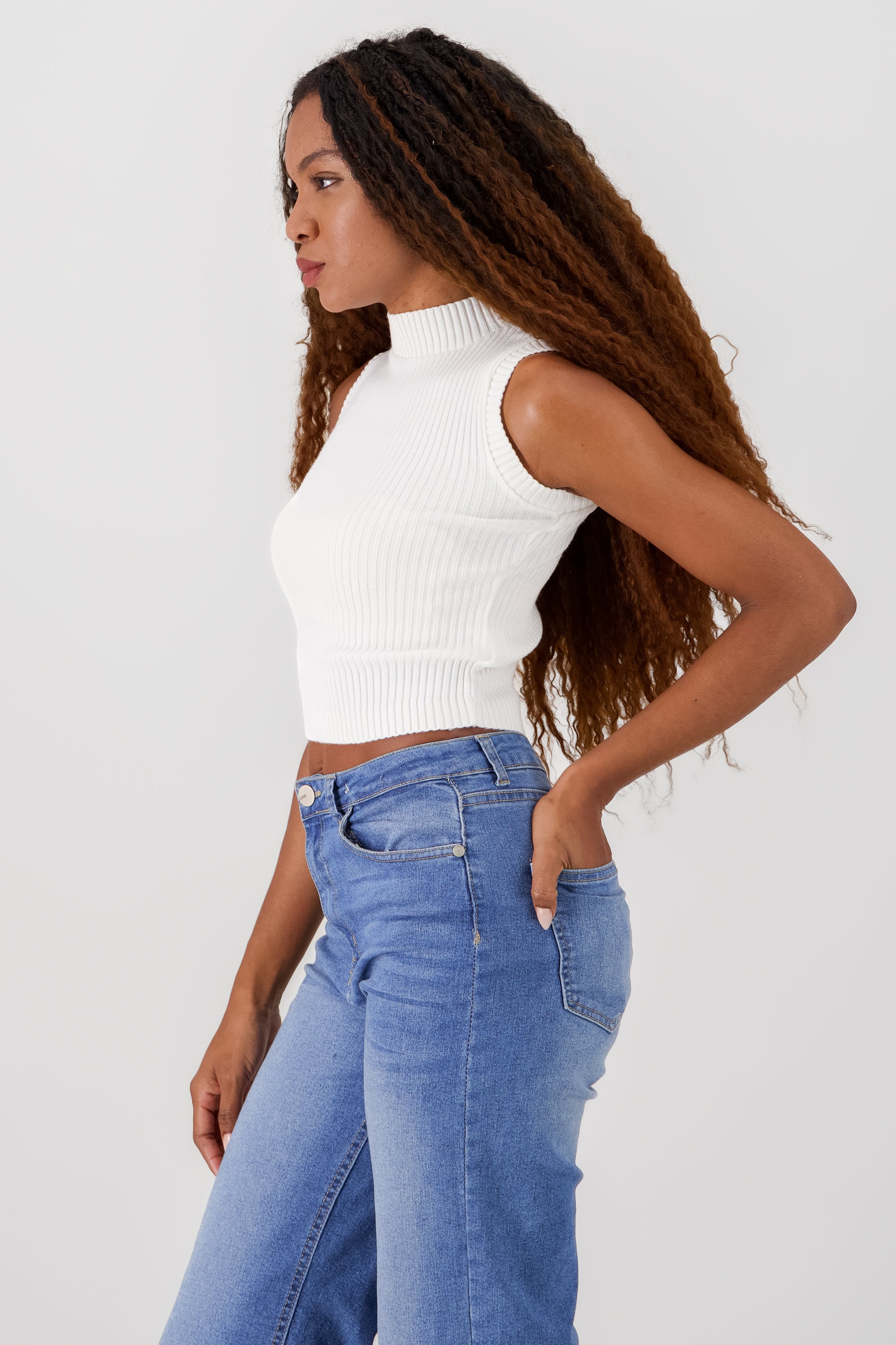 High Neck Knit Top WHITE