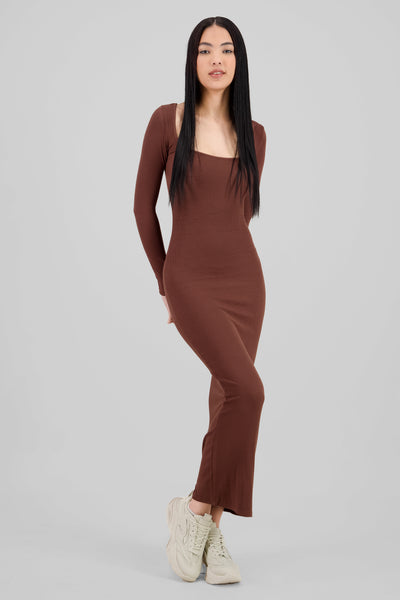 Solid Long Sleeve Maxi Dress BROWN