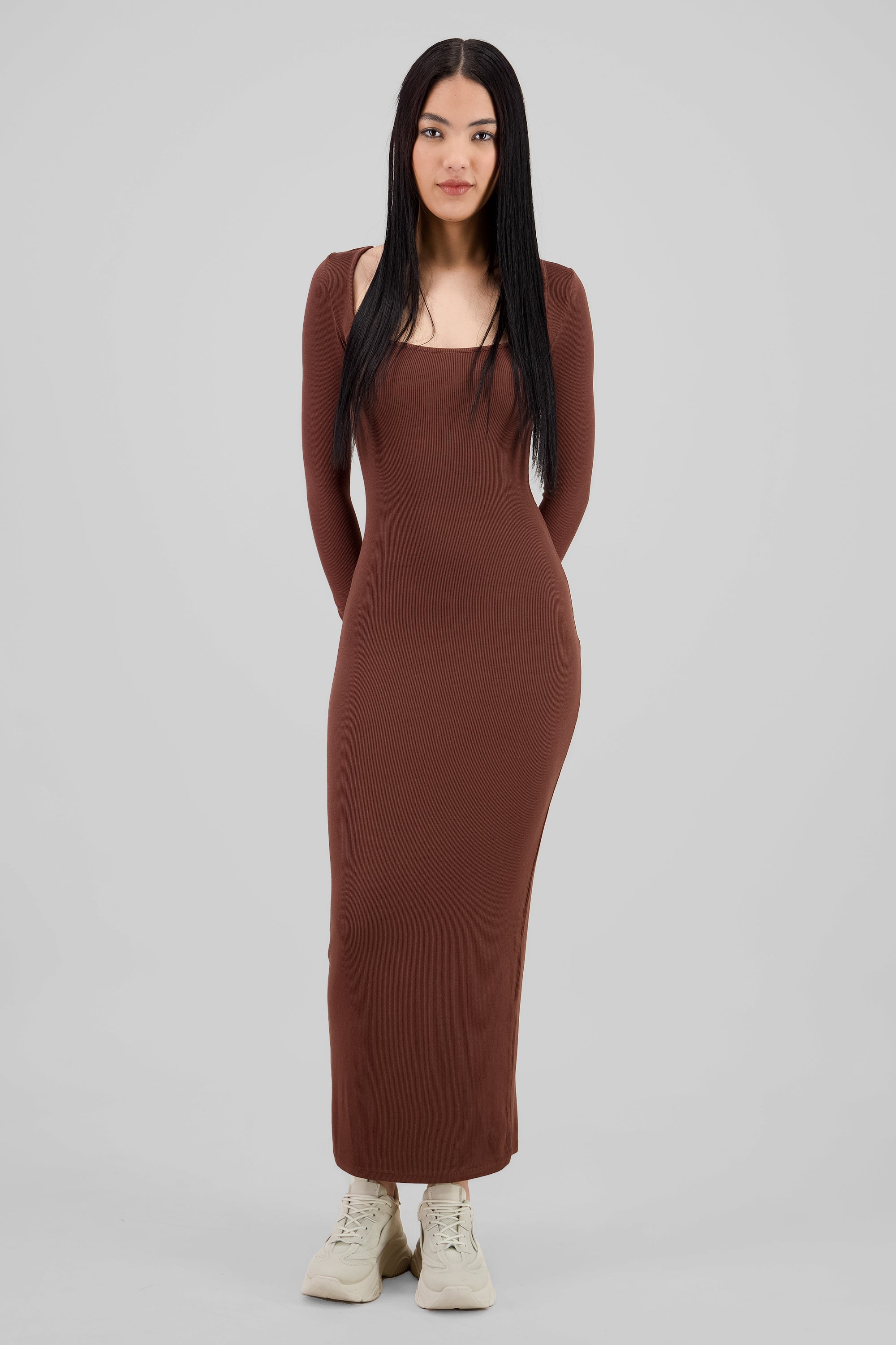 Solid Long Sleeve Maxi Dress BROWN