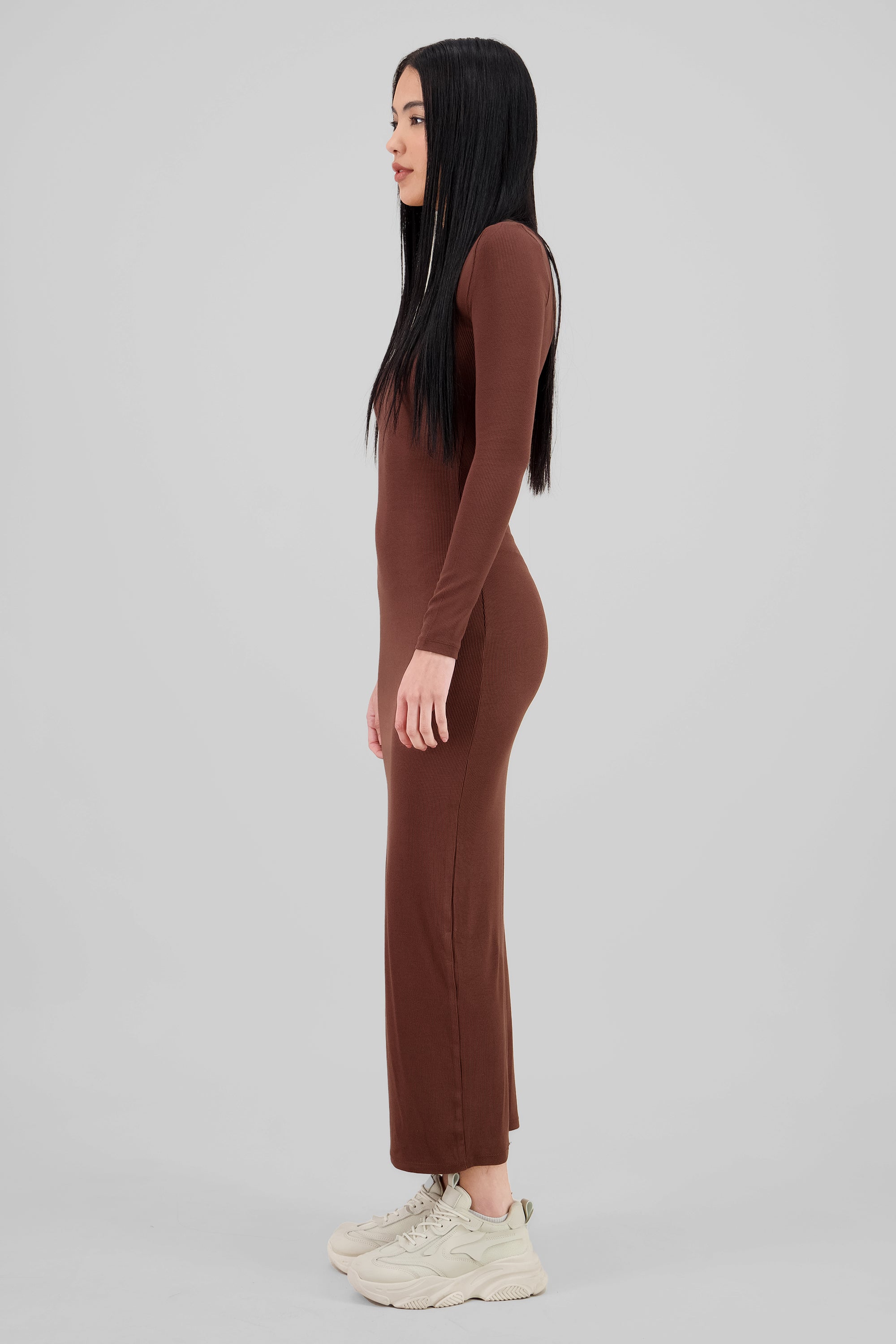 Solid Long Sleeve Maxi Dress BROWN