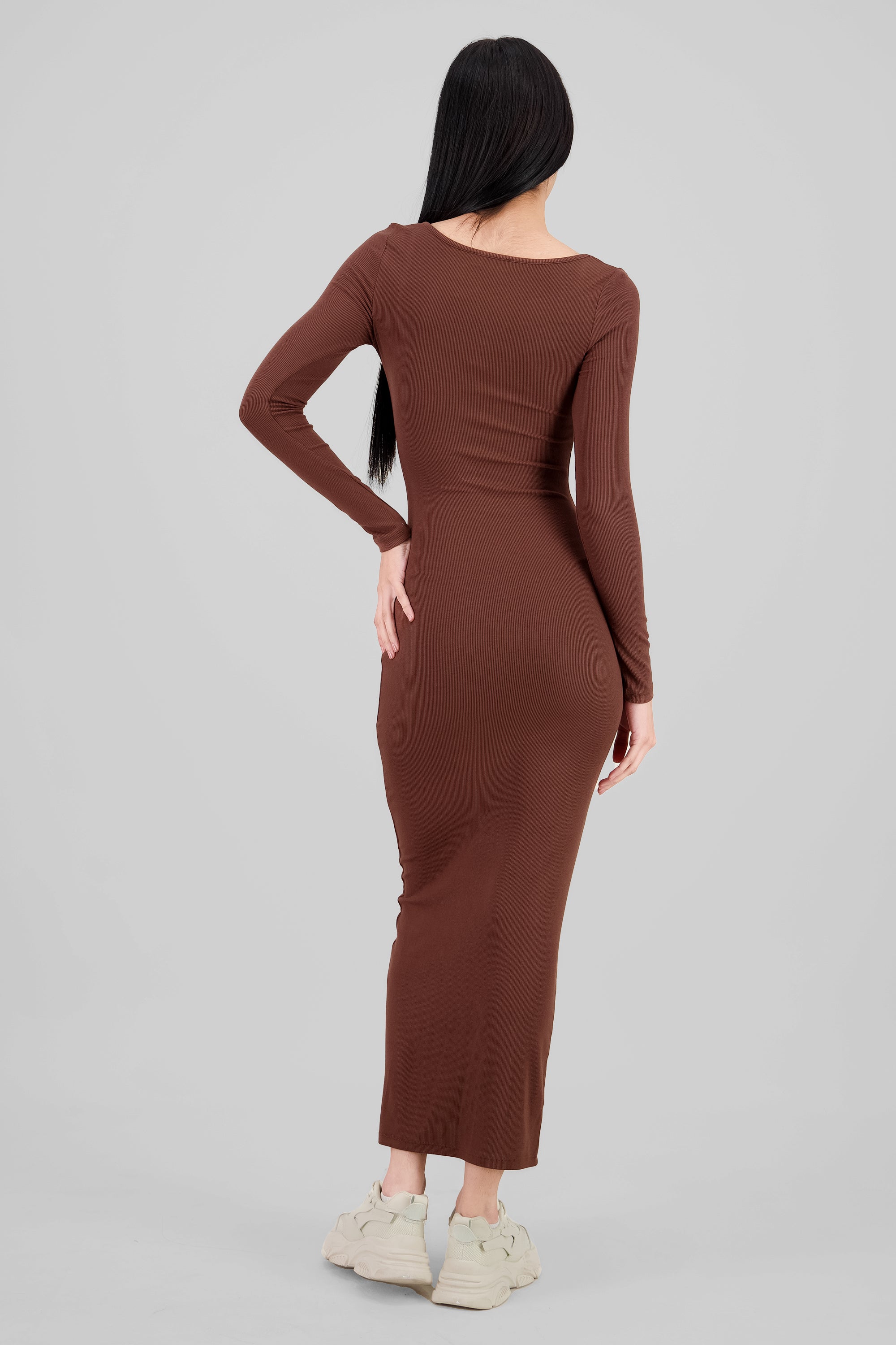 Solid Long Sleeve Maxi Dress BROWN