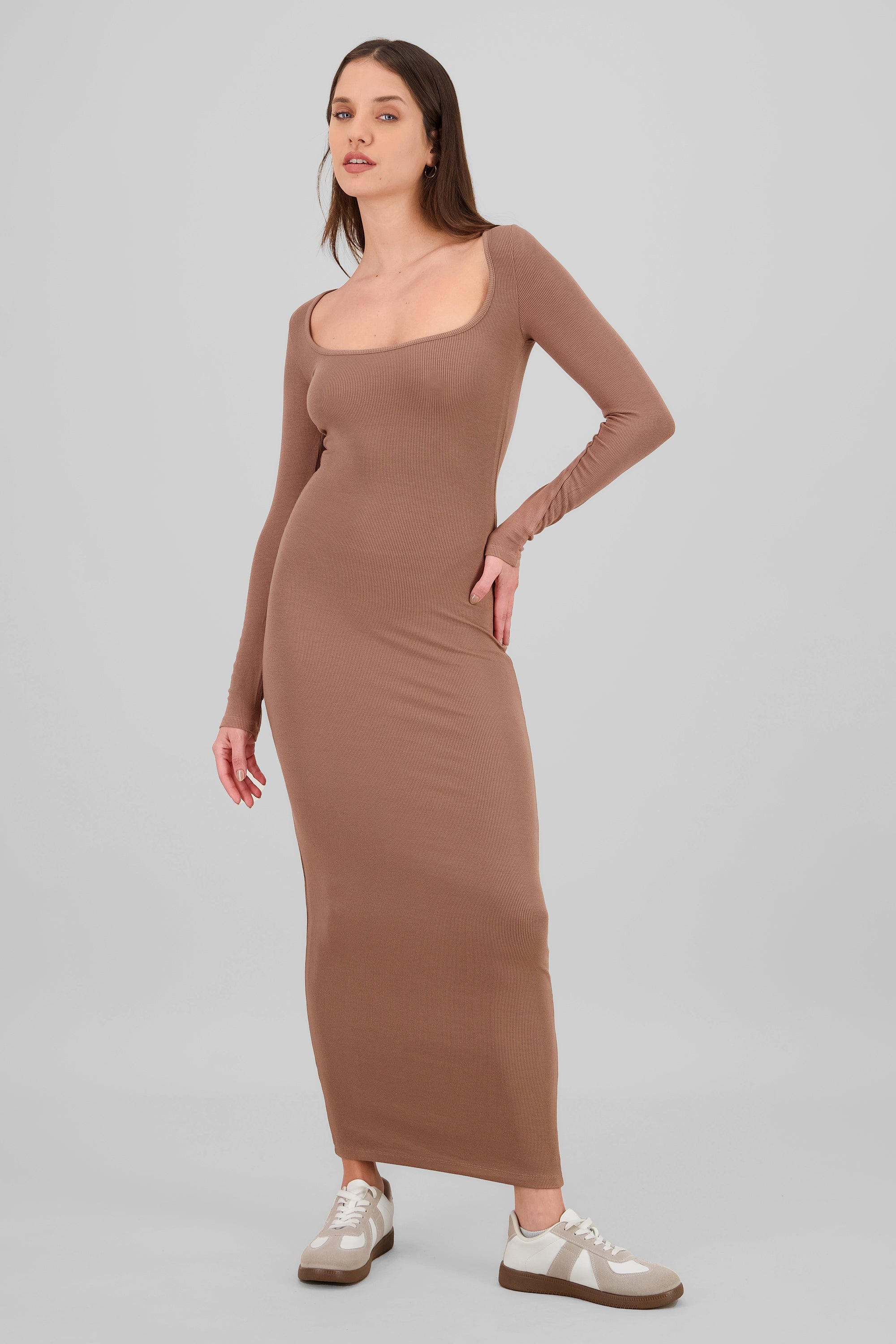 Solid Long Sleeve Maxi Dress TAUPE