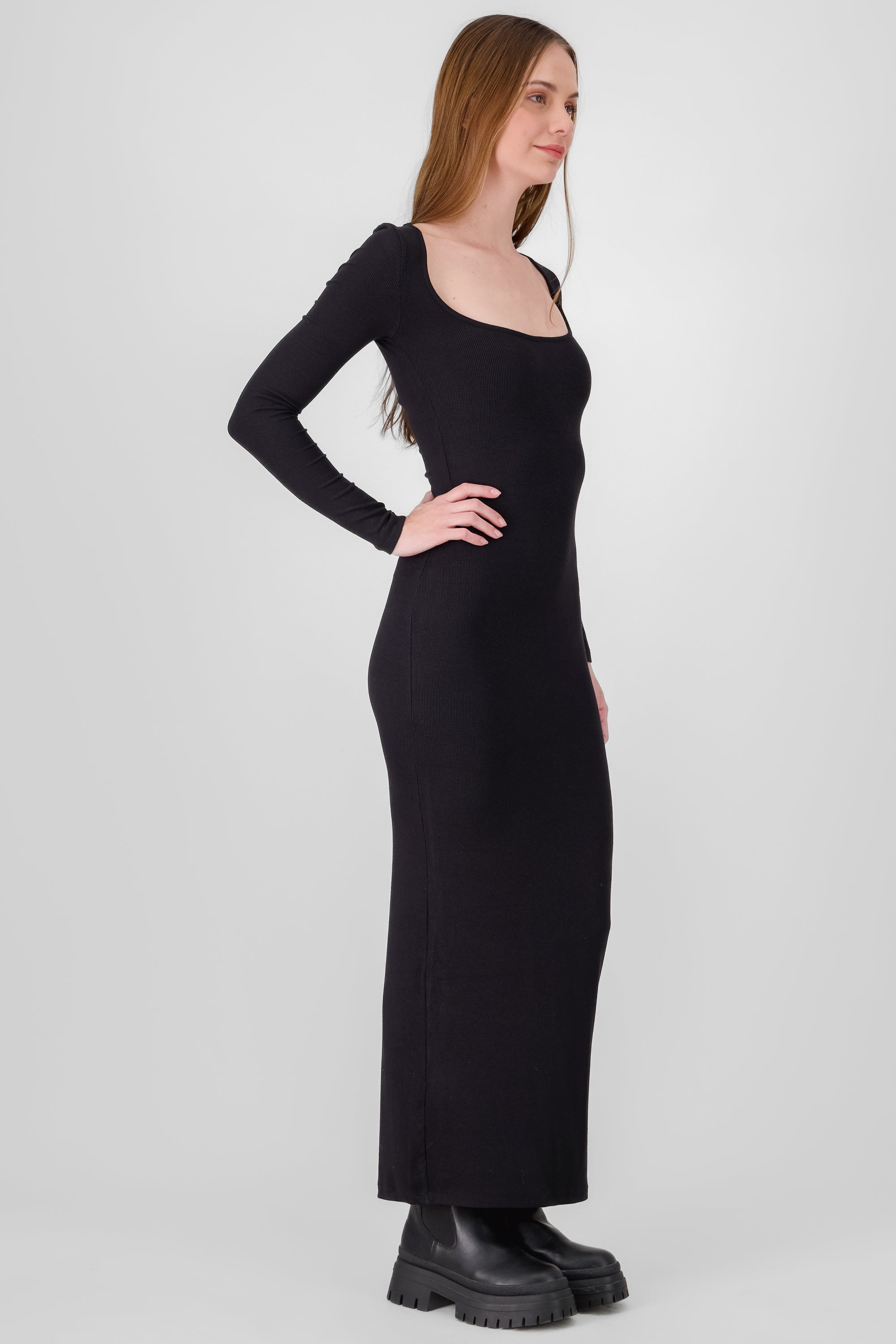 Solid Long Sleeve Maxi Dress BLACK