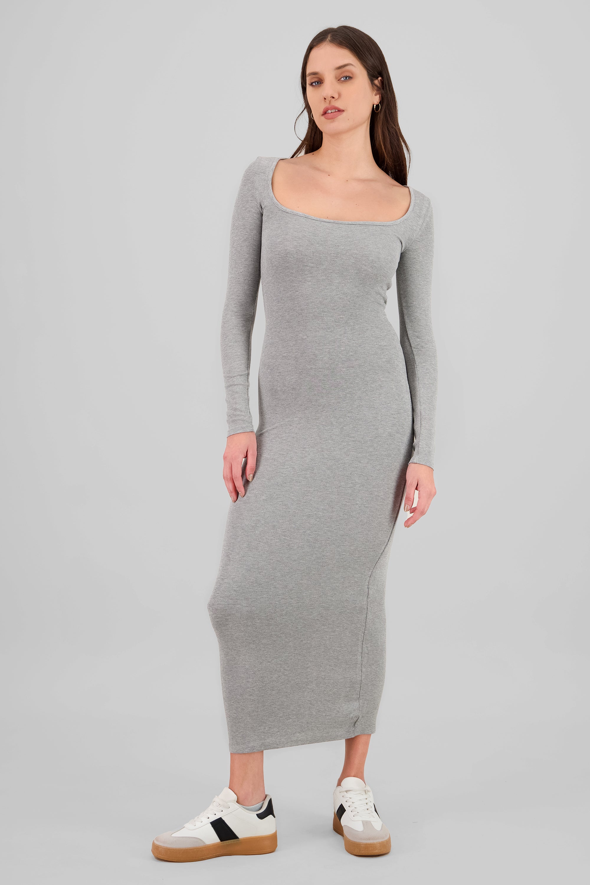 Solid Long Sleeve Maxi Dress GRAY