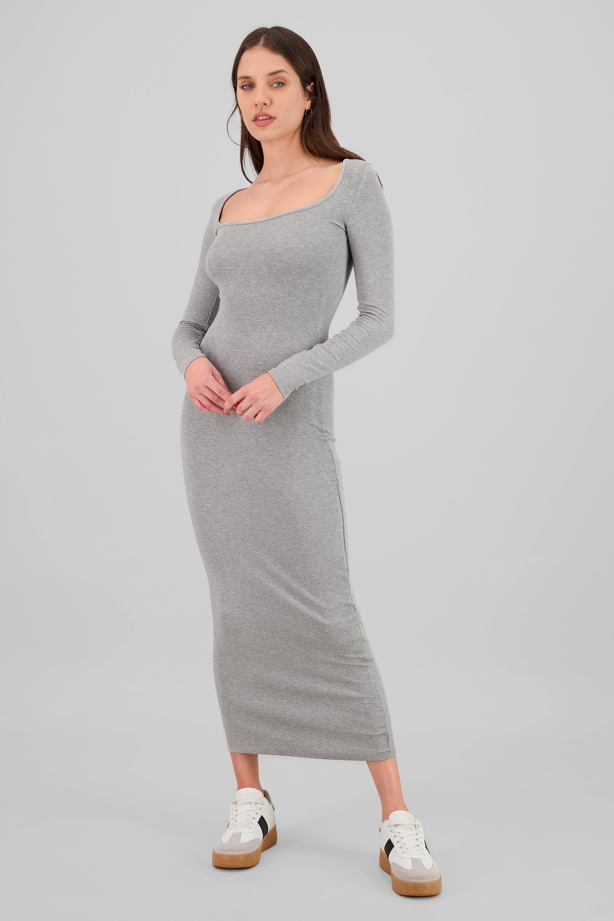 Solid Long Sleeve Maxi Dress GRAY