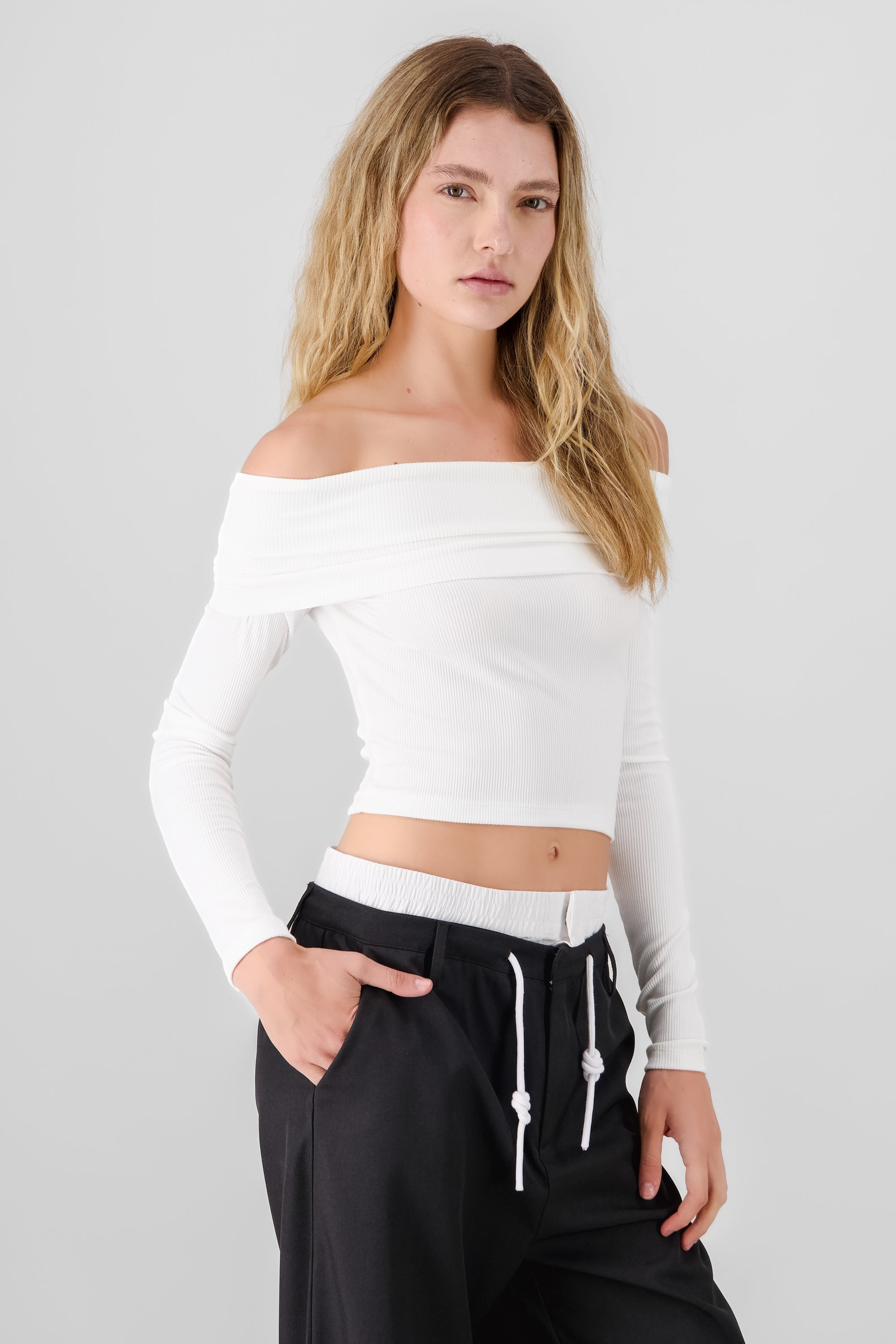 Off Shoulder Long Sleeve Ribbed Top WHITE