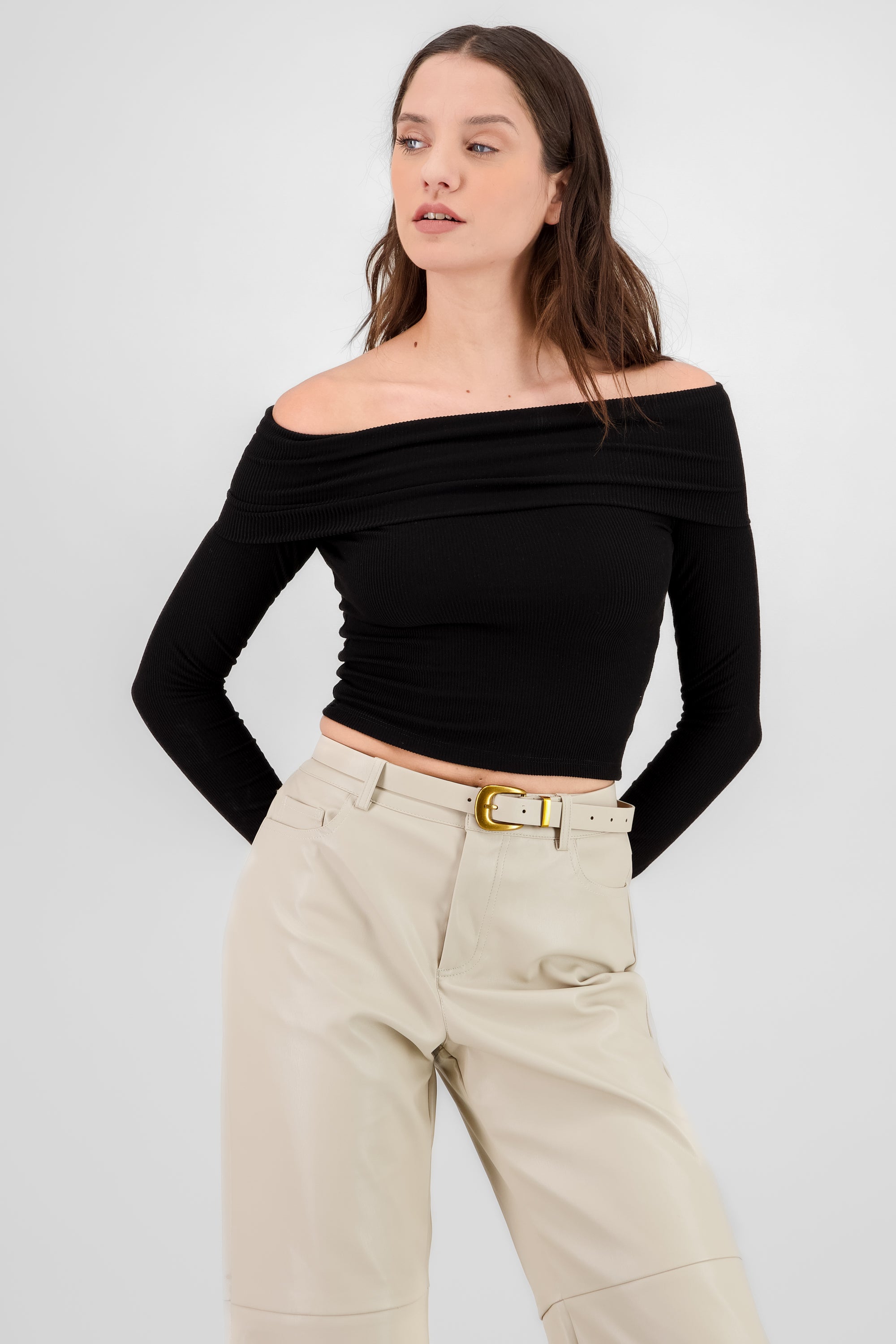 Off Shoulder Long Sleeve Ribbed Top BLACK