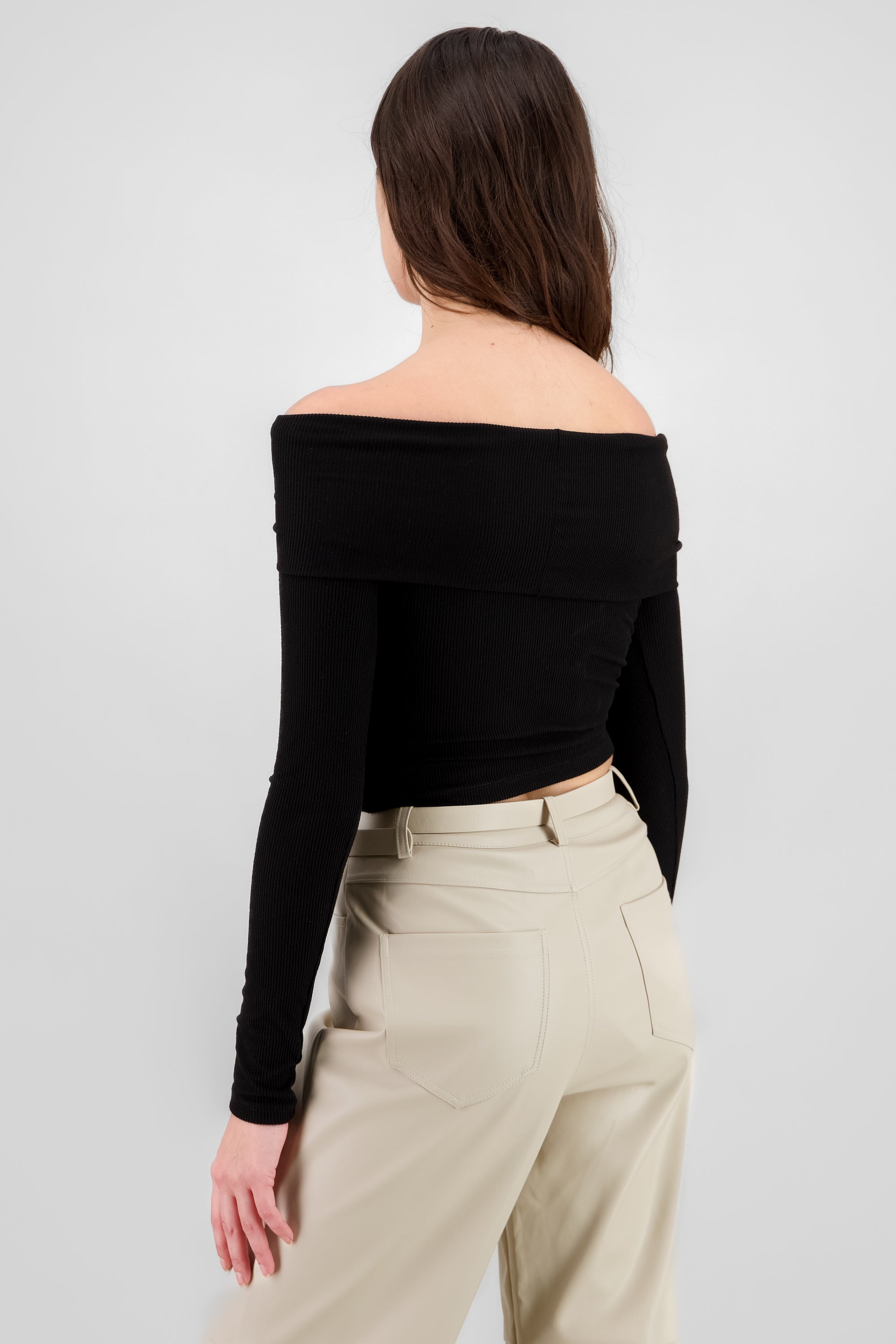 Off Shoulder Long Sleeve Ribbed Top BLACK