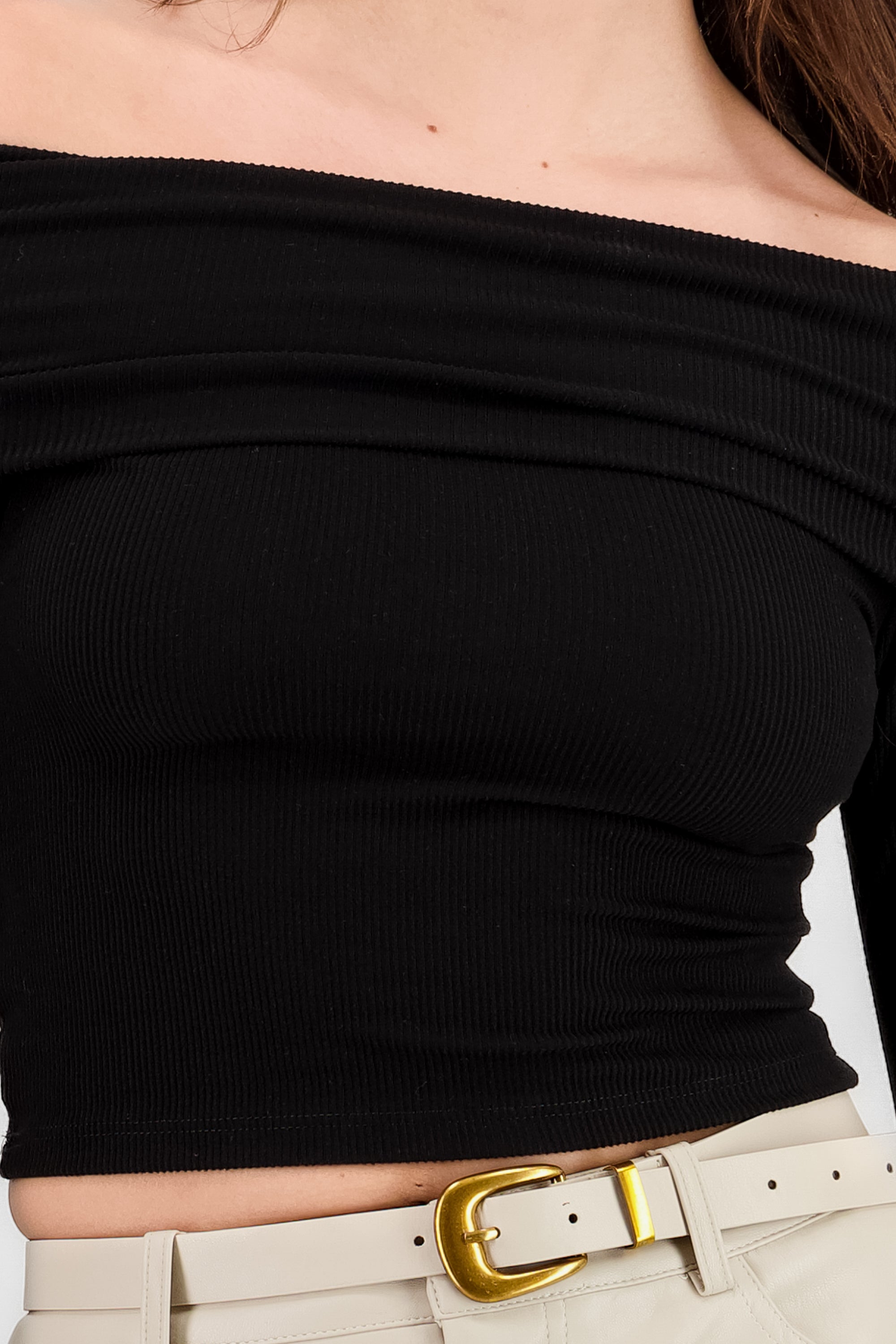 Off Shoulder Long Sleeve Ribbed Top BLACK