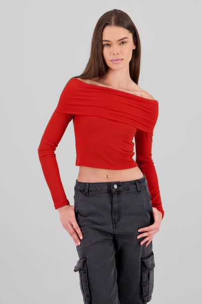 Off Shoulder Long Sleeve Ribbed Top BRICK RED