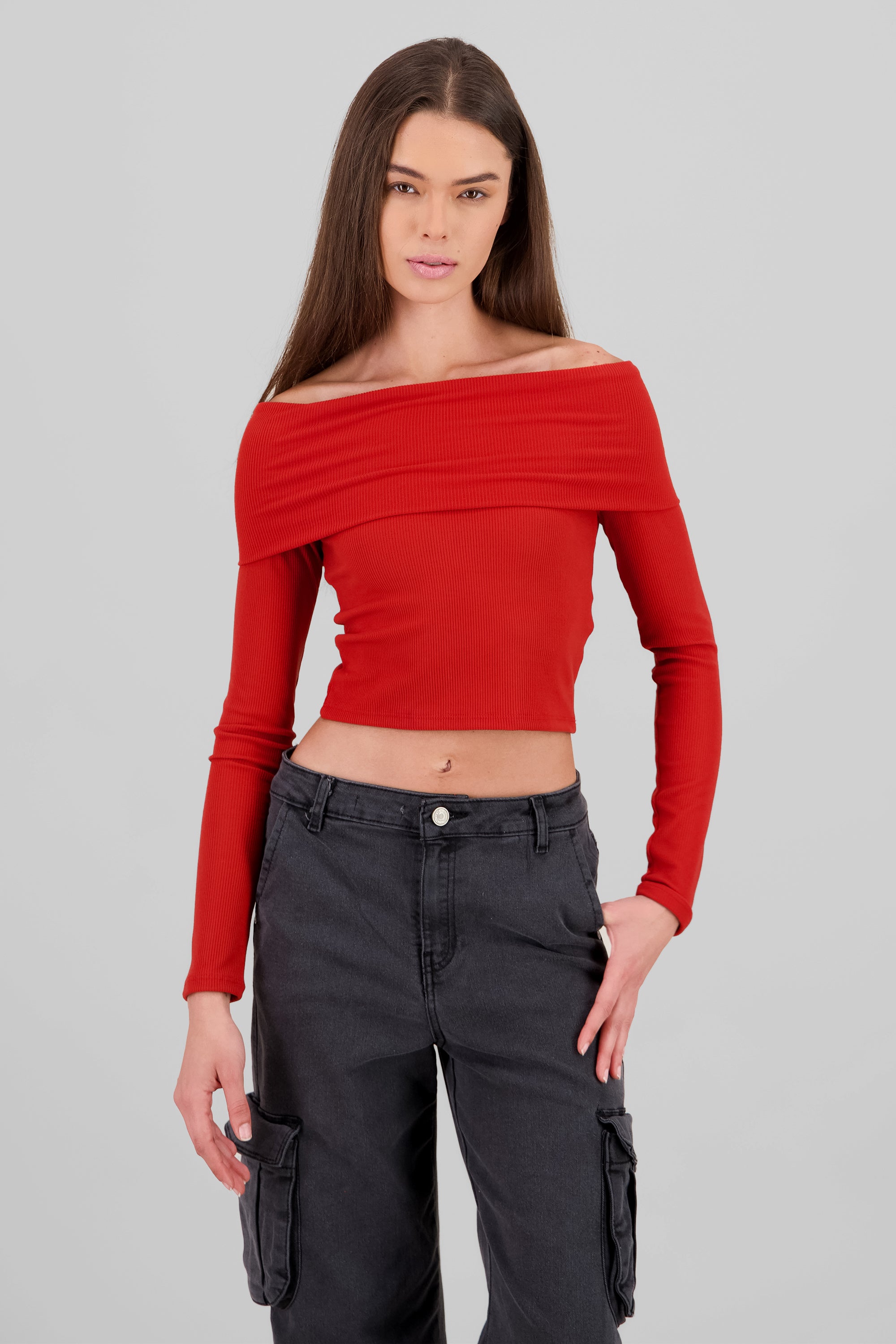 Off Shoulder Long Sleeve Ribbed Top BRICK RED