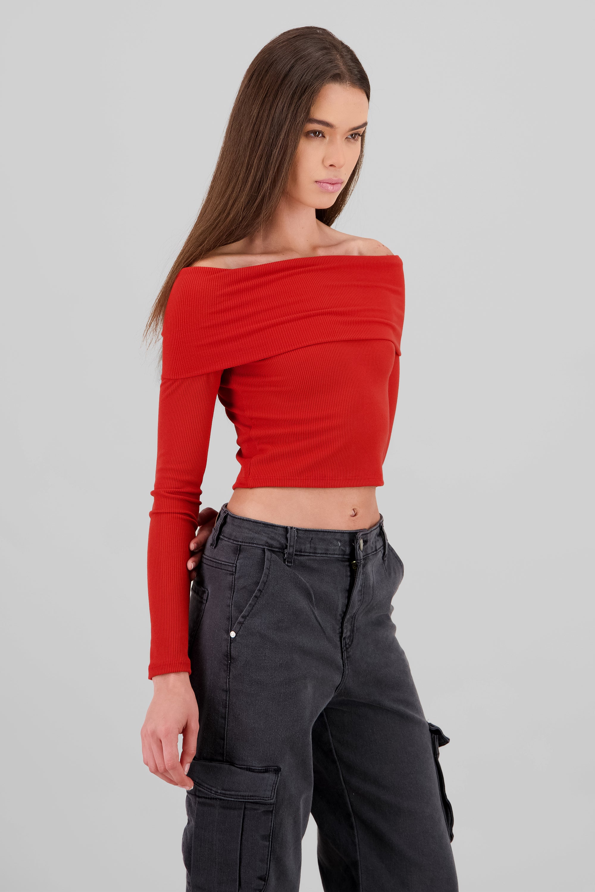 Off Shoulder Long Sleeve Ribbed Top BRICK RED