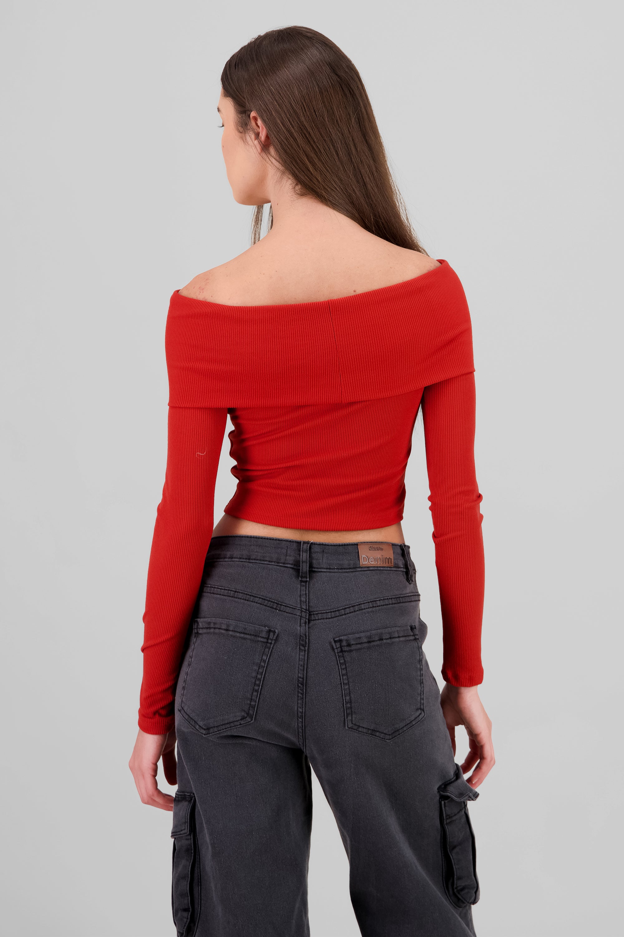 Off Shoulder Long Sleeve Ribbed Top BRICK RED