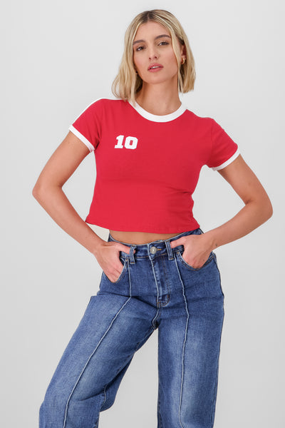 Contrast Short Sleeve Crop Top RED COMBO