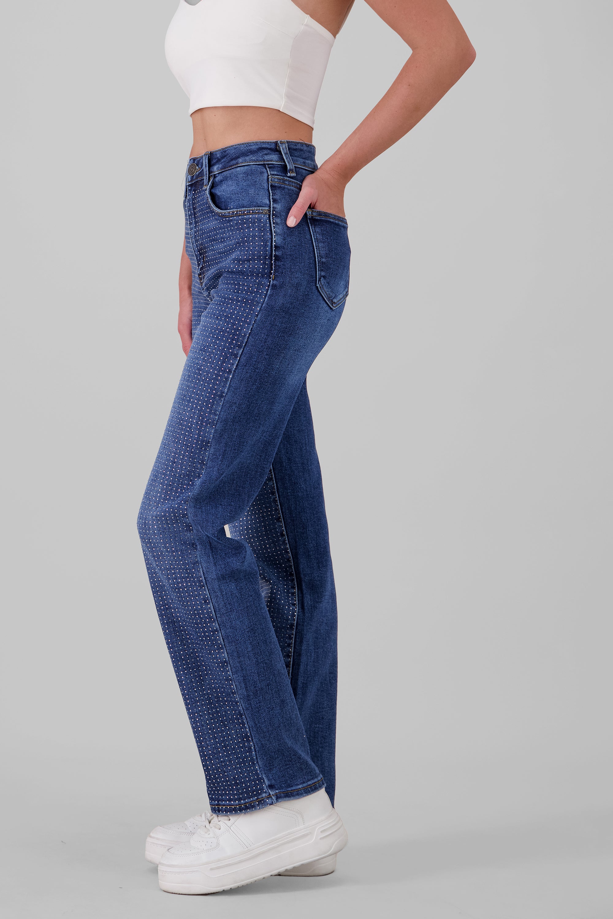 straight jeans rhinestone MEDIUM WASH