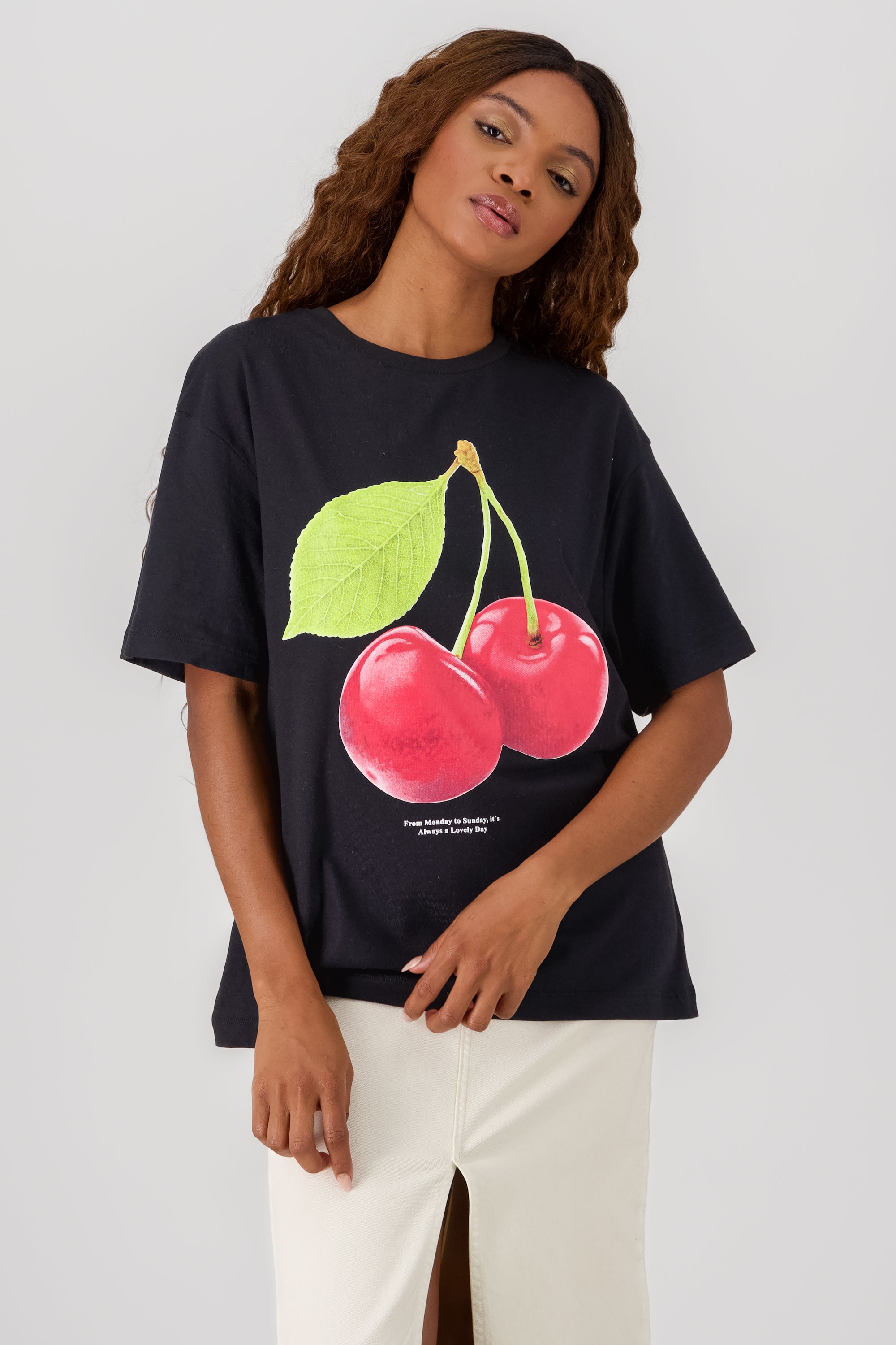 Oversized Cherry Print T Shirt BLACK COMBO