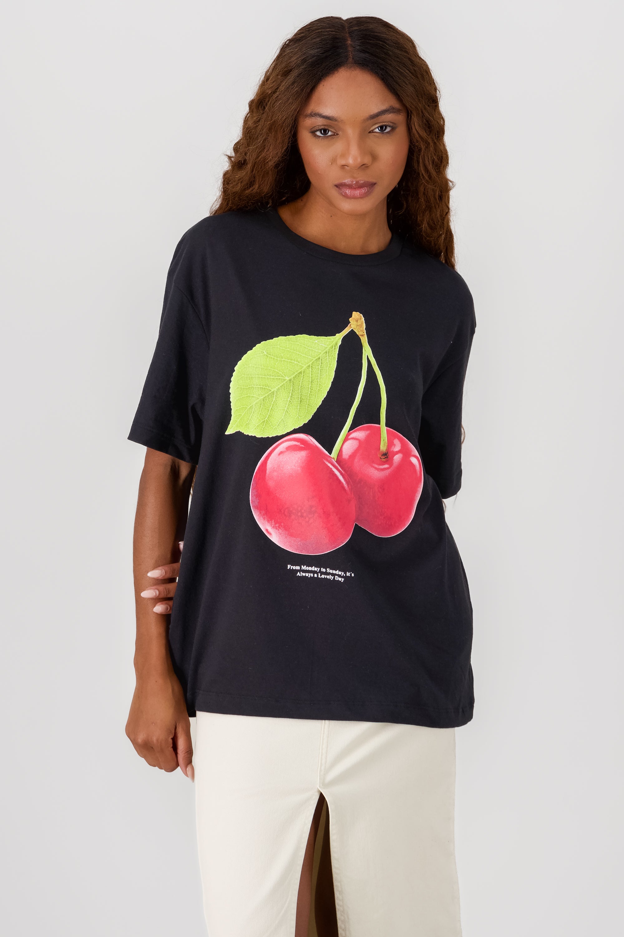 Oversized Cherry Print T Shirt BLACK COMBO