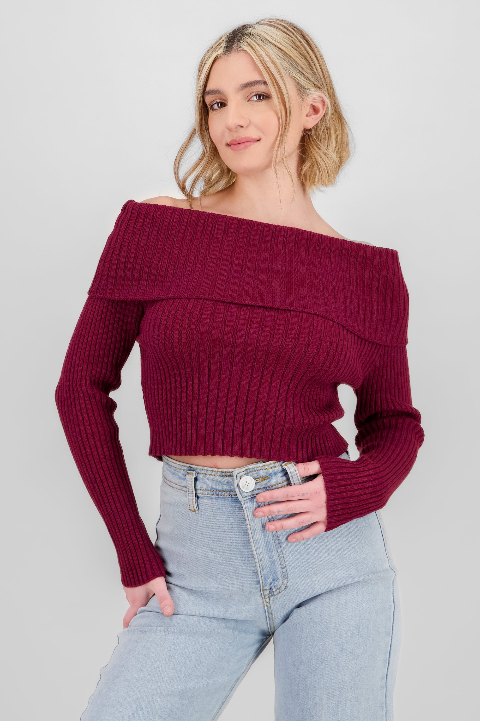 Knit Off Shoulder Sweater PLUM