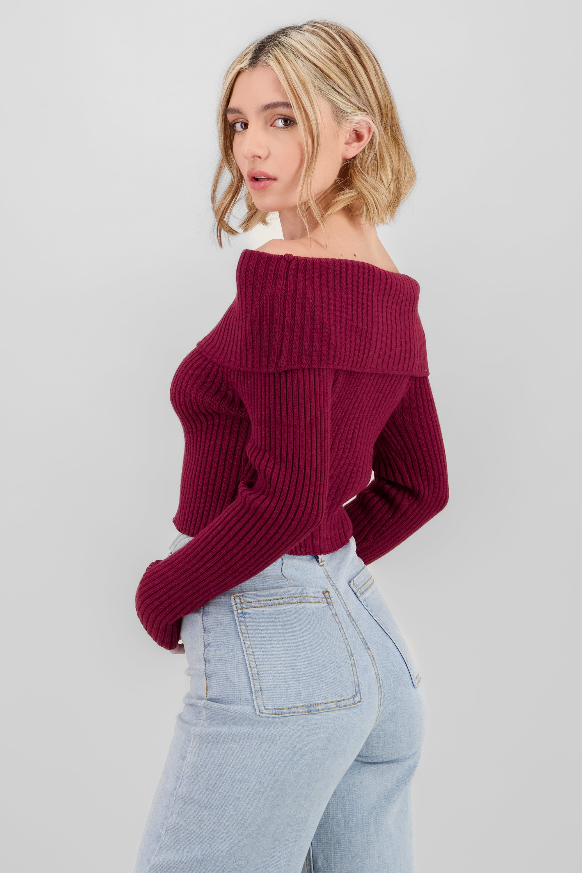 Knit Off Shoulder Sweater PLUM