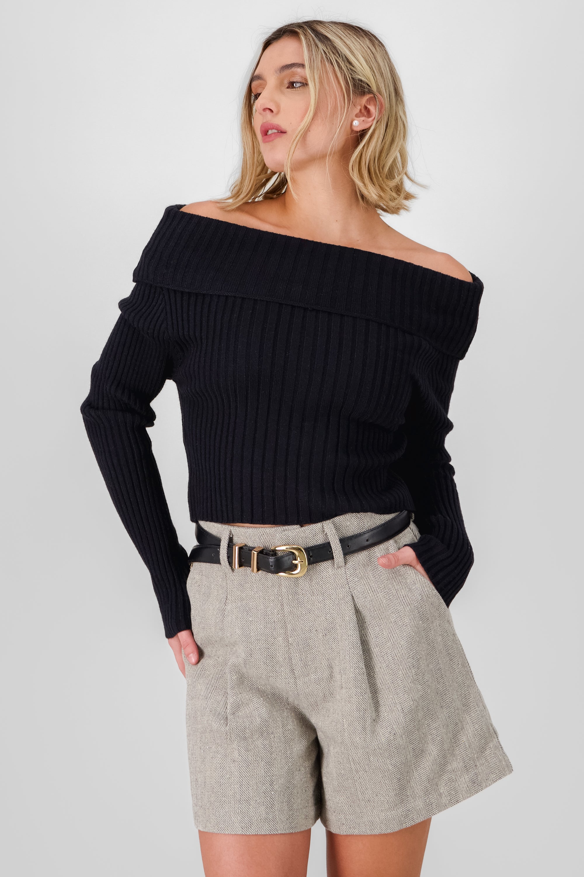 Knit Off Shoulder Sweater BLACK