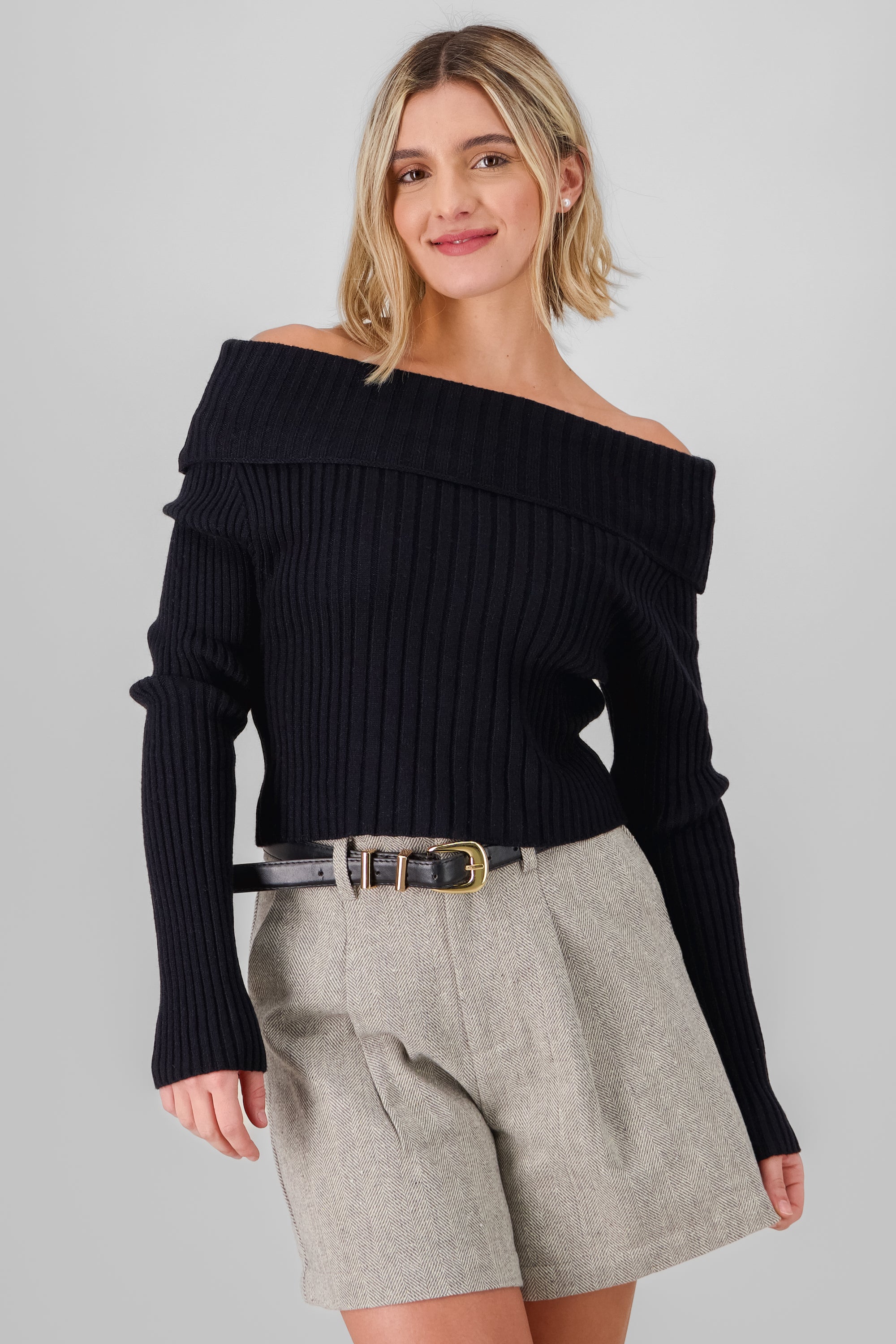 Knit Off Shoulder Sweater BLACK