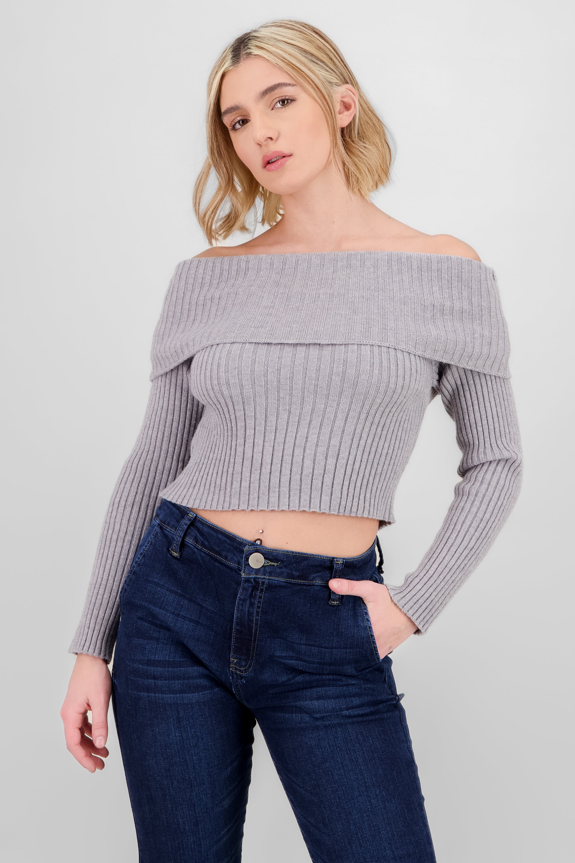 Knit Off Shoulder Sweater HEATHER GRAY