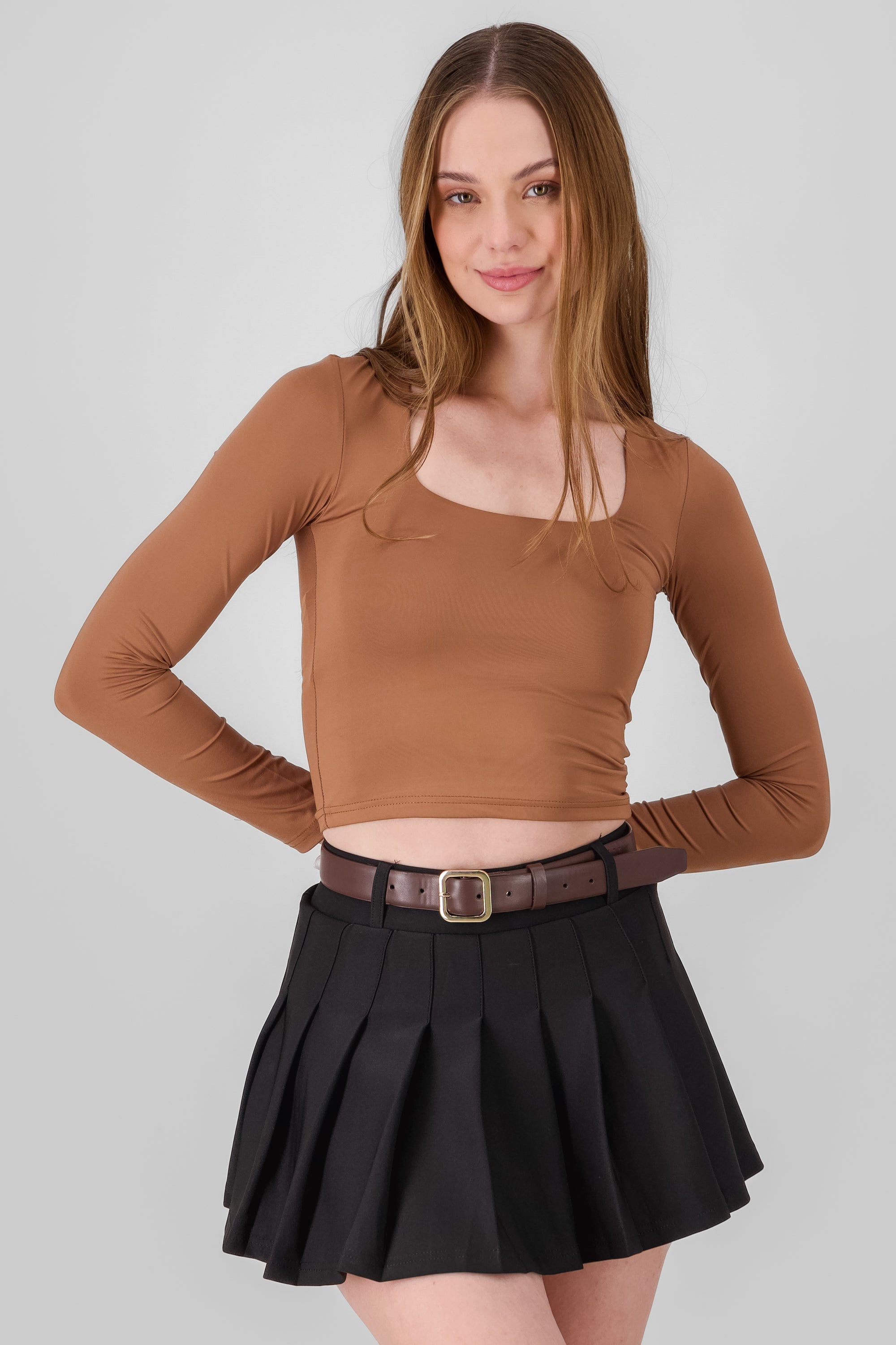 Square Neck Long Sleeve Top CAMEL