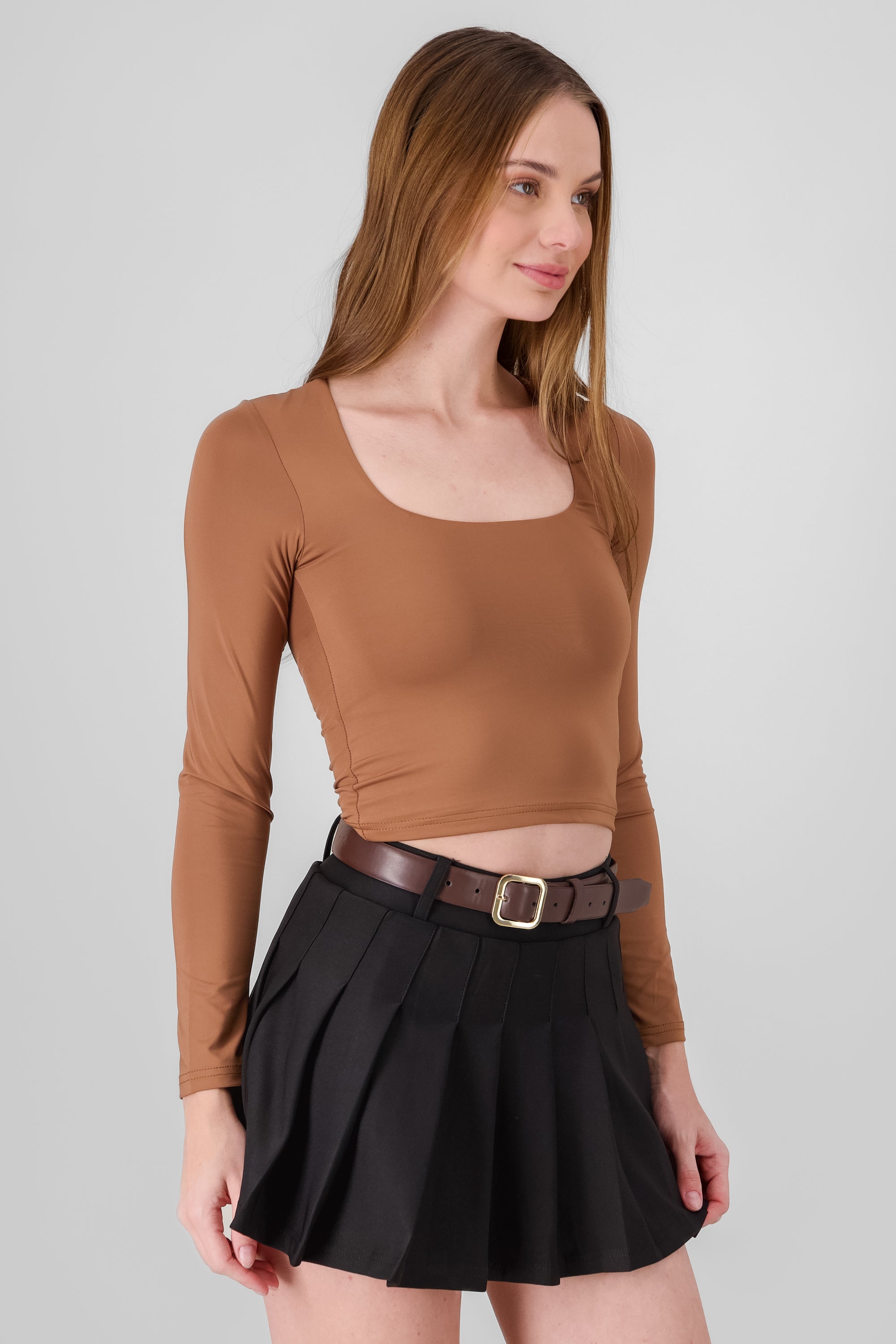 Square Neck Long Sleeve Top CAMEL