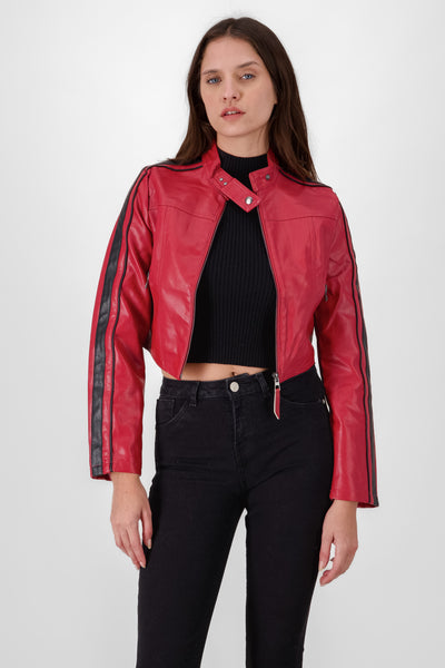 Faux Leather Biker Jacket CHERRY RED