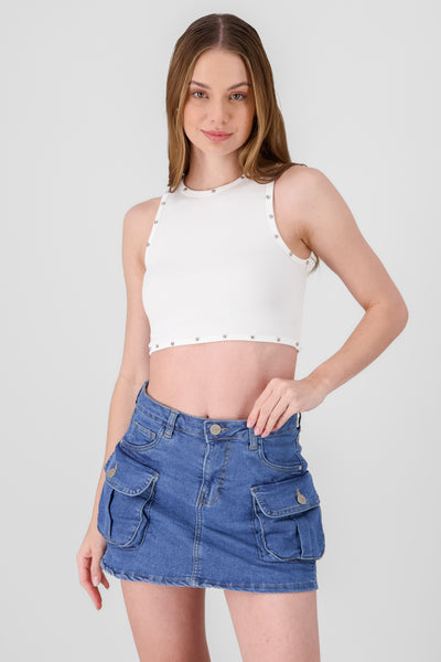 Sleeveless Crop Top with Stud Detail WHITE