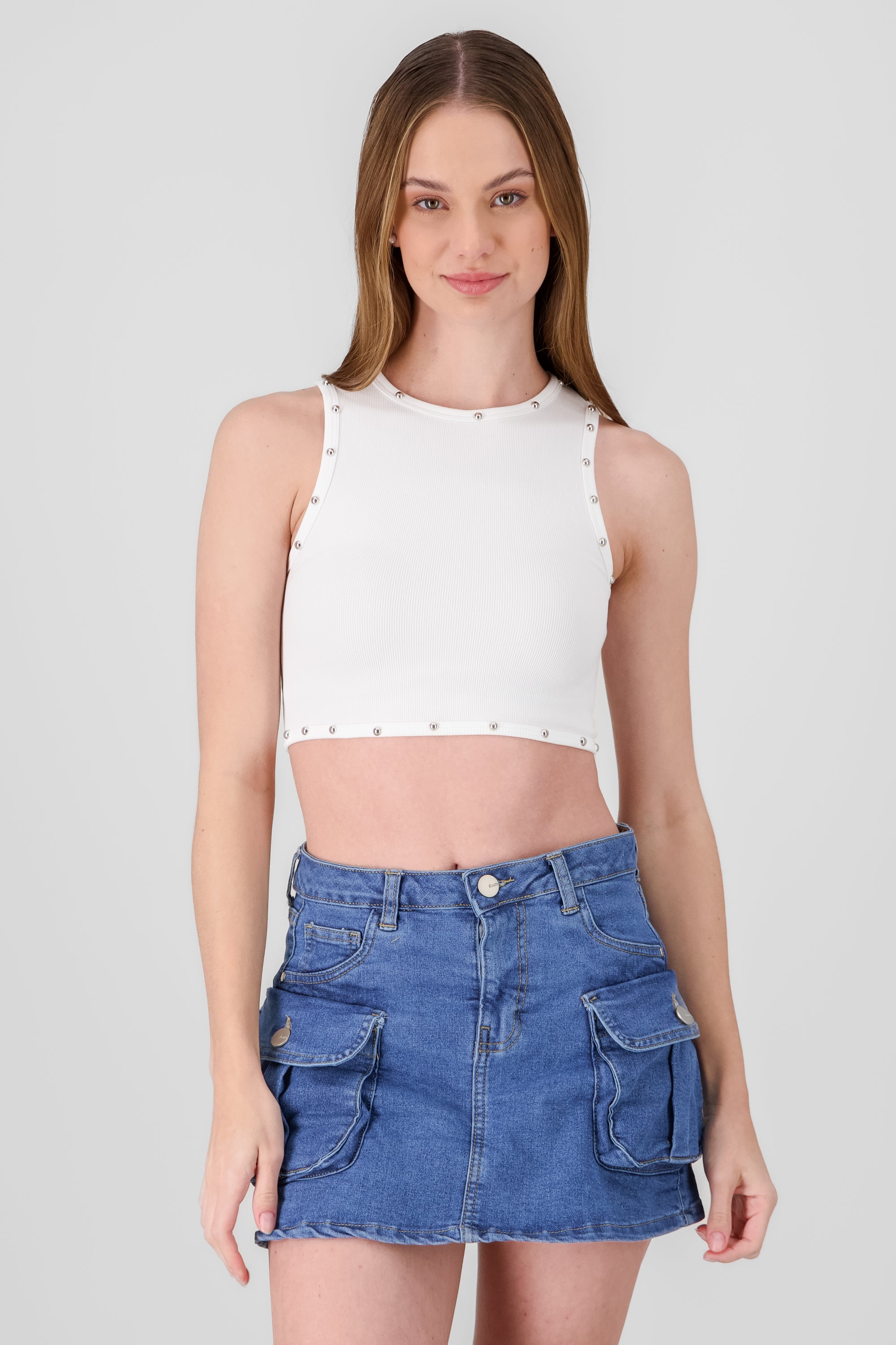 Sleeveless Crop Top with Stud Detail WHITE