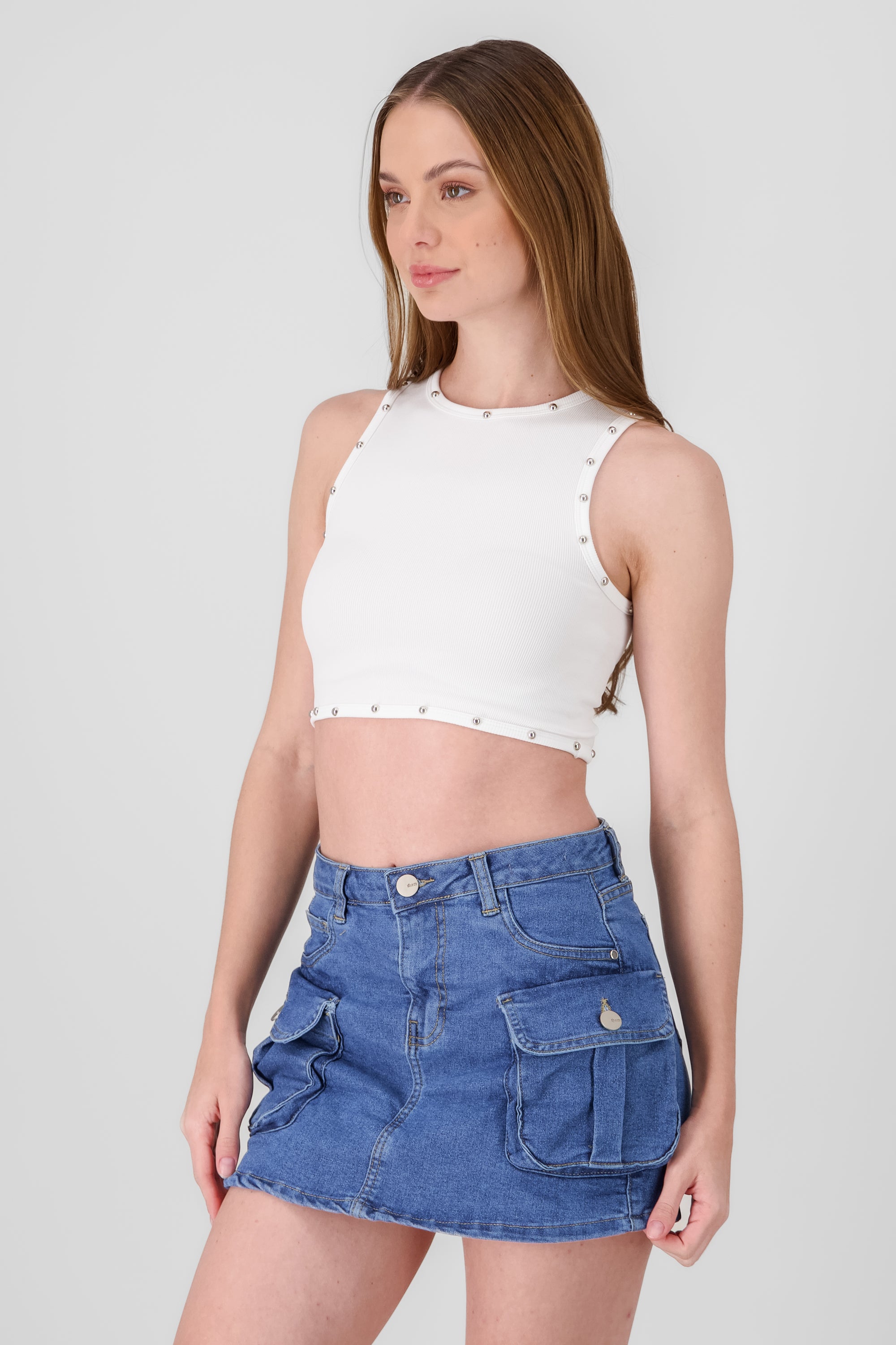 Sleeveless Crop Top with Stud Detail WHITE